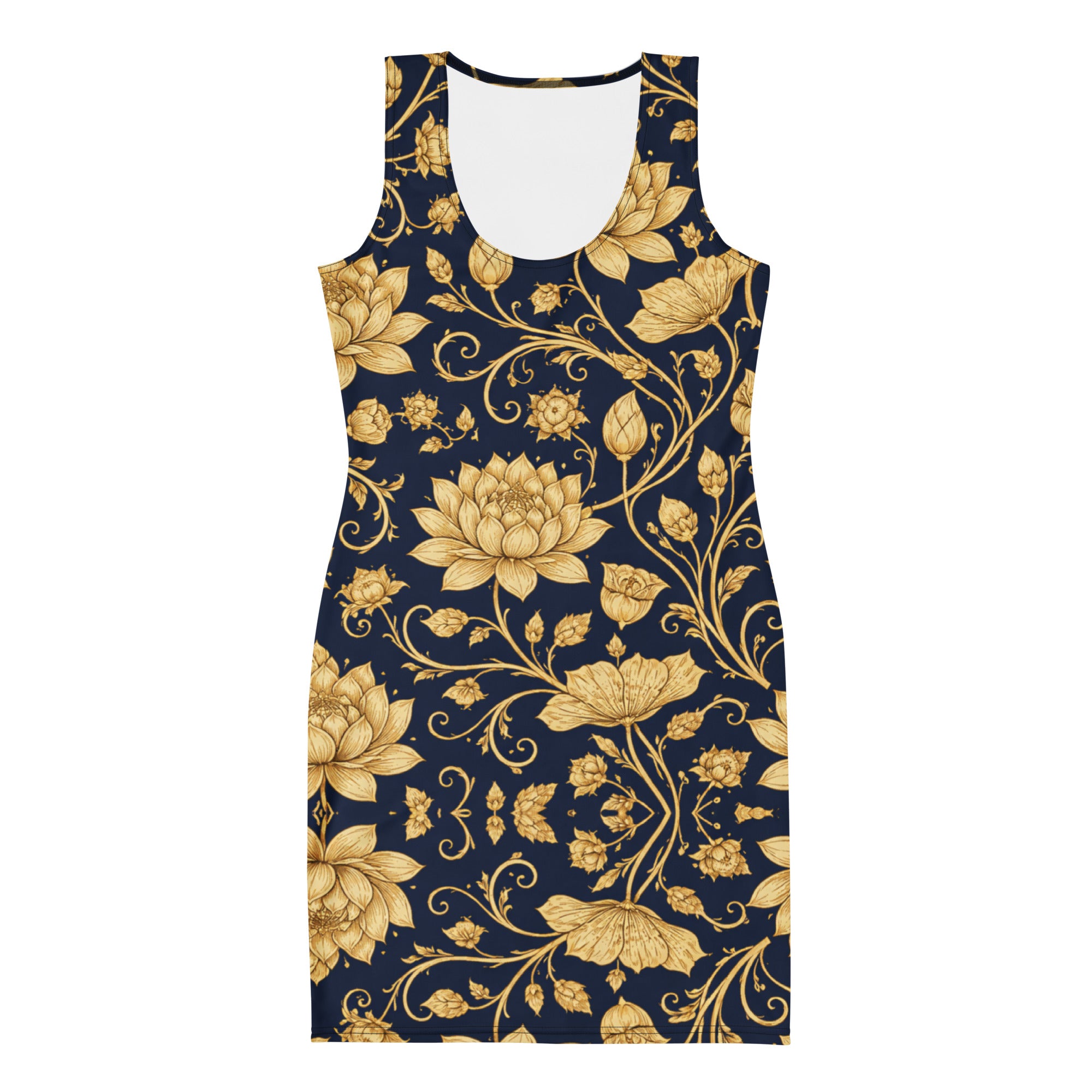 Bodycon dress - Golden Lotus Bodycon Dress – Navy All-Over Floral Print Midi by printfluence.net