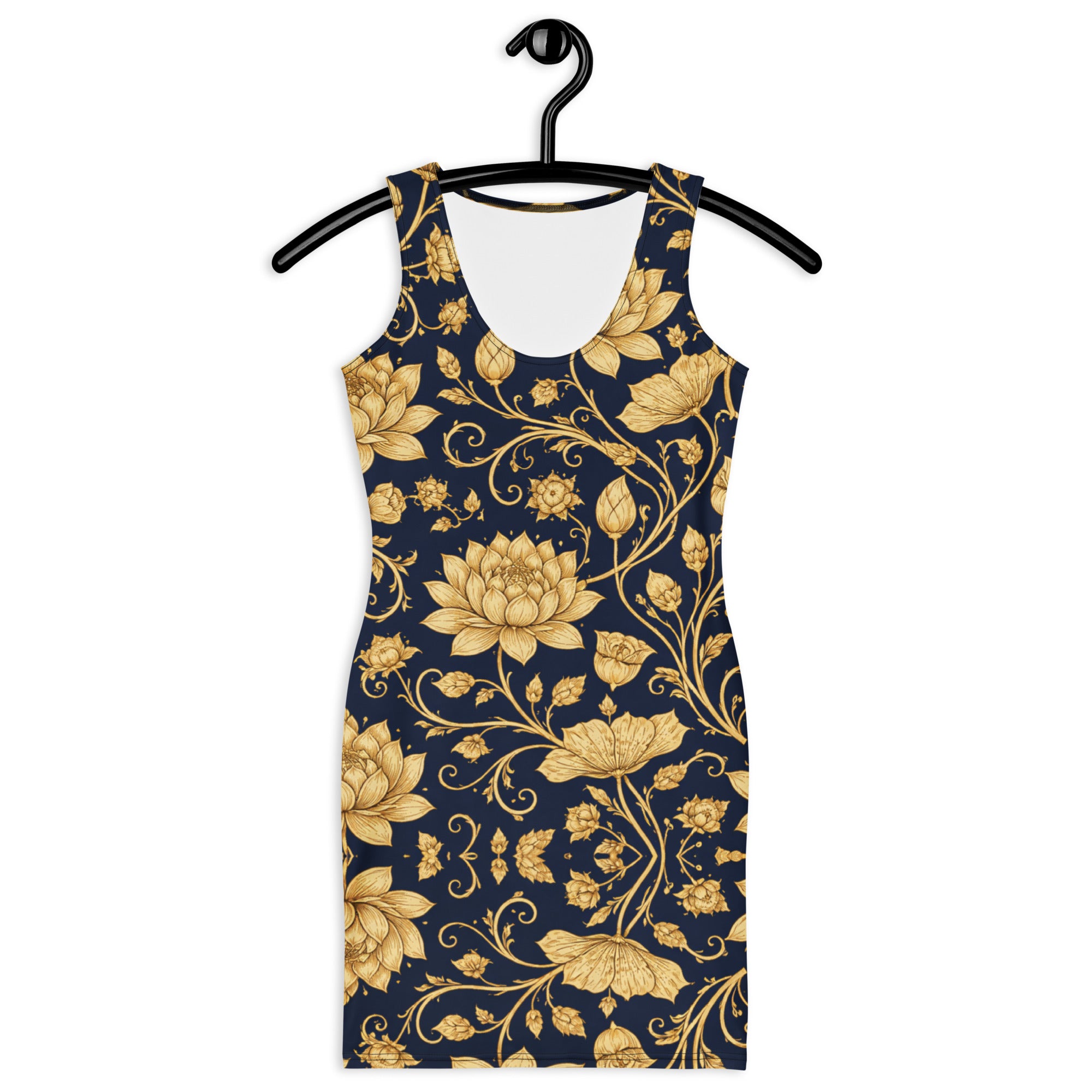 Bodycon dress - Golden Lotus Bodycon Dress – Navy All-Over Floral Print Midi by printfluence.net