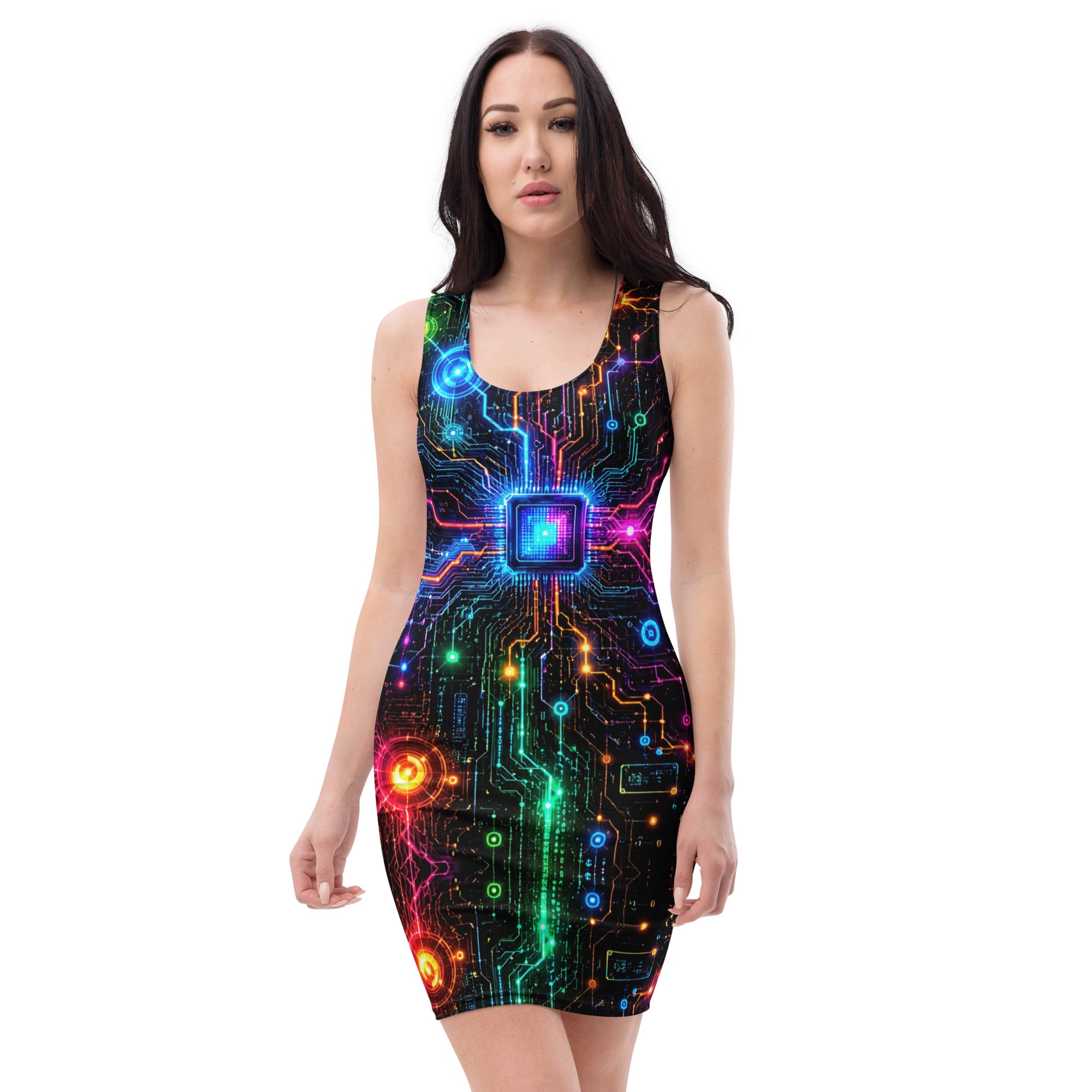 Bodycon dress - Electric Cyber Circuit Neon Glowing Microchip by printfluence.net