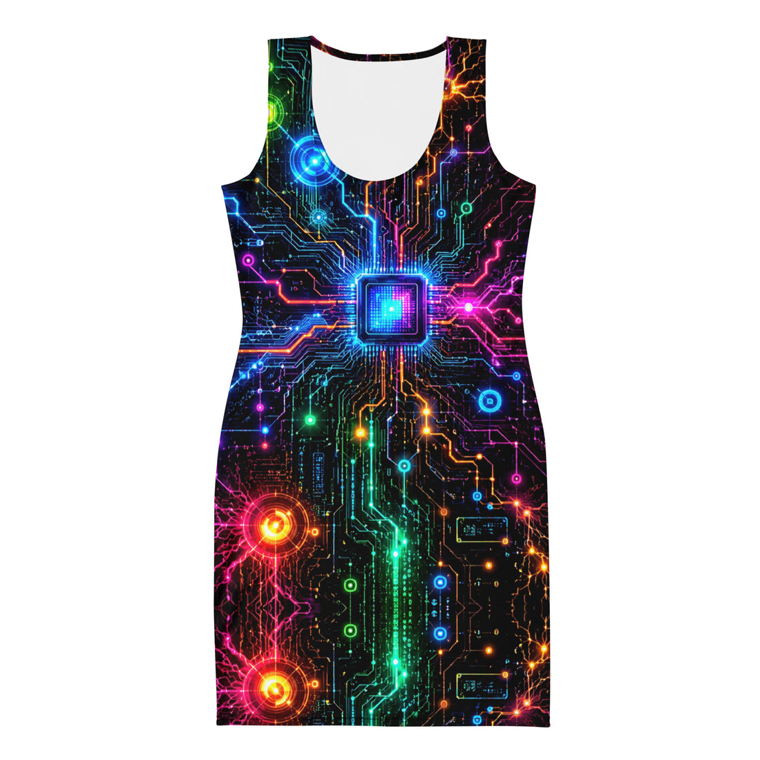 Bodycon dress - Electric Cyber Circuit Neon Glowing Microchip by printfluence.net