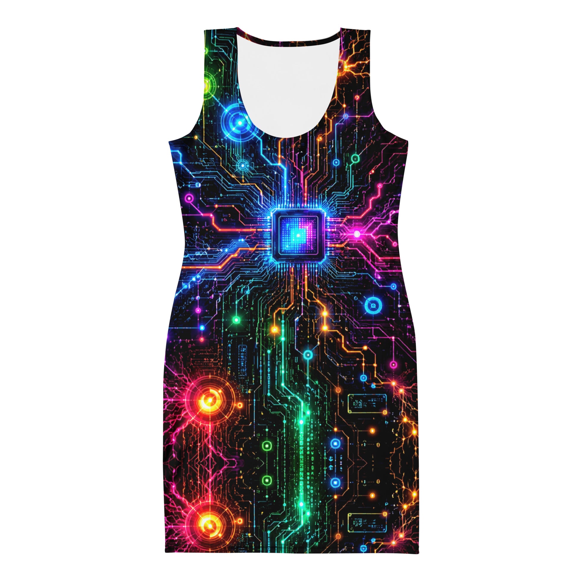 Bodycon dress - Electric Cyber Circuit Neon Glowing Microchip by printfluence.net