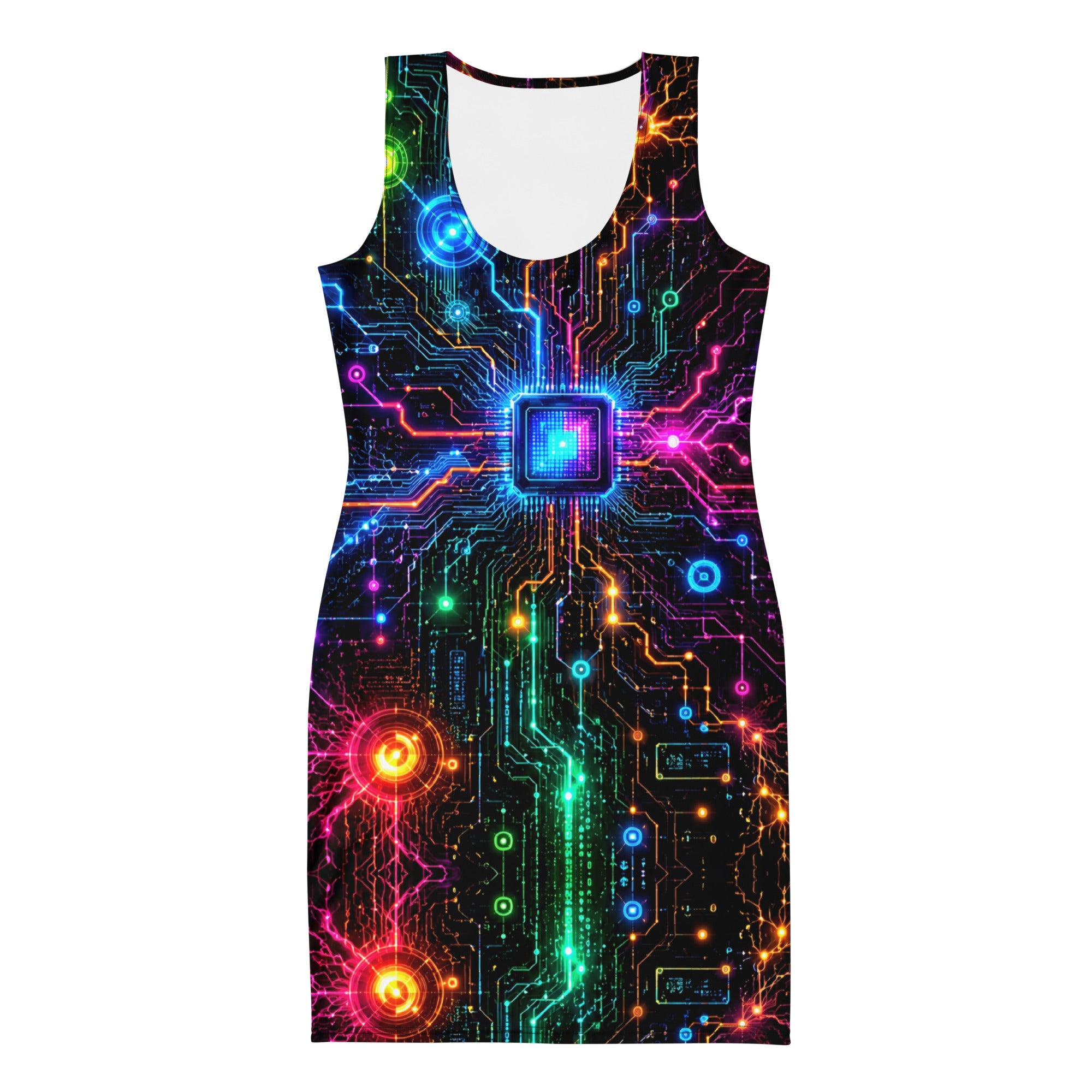 Bodycon dress - Electric Cyber Circuit Neon Glowing Microchip by printfluence.net
