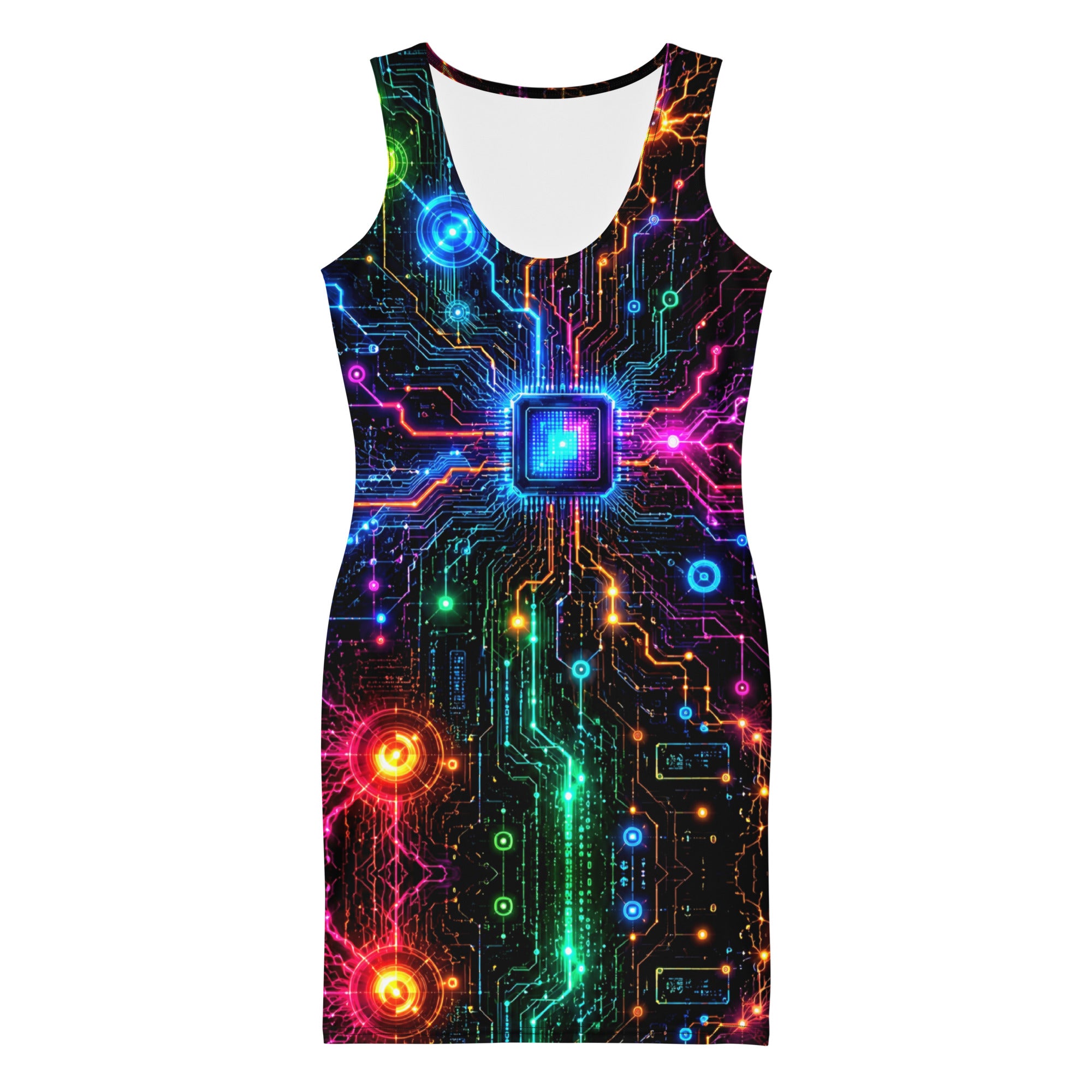 Bodycon dress - Electric Cyber Circuit Neon Glowing Microchip by printfluence.net