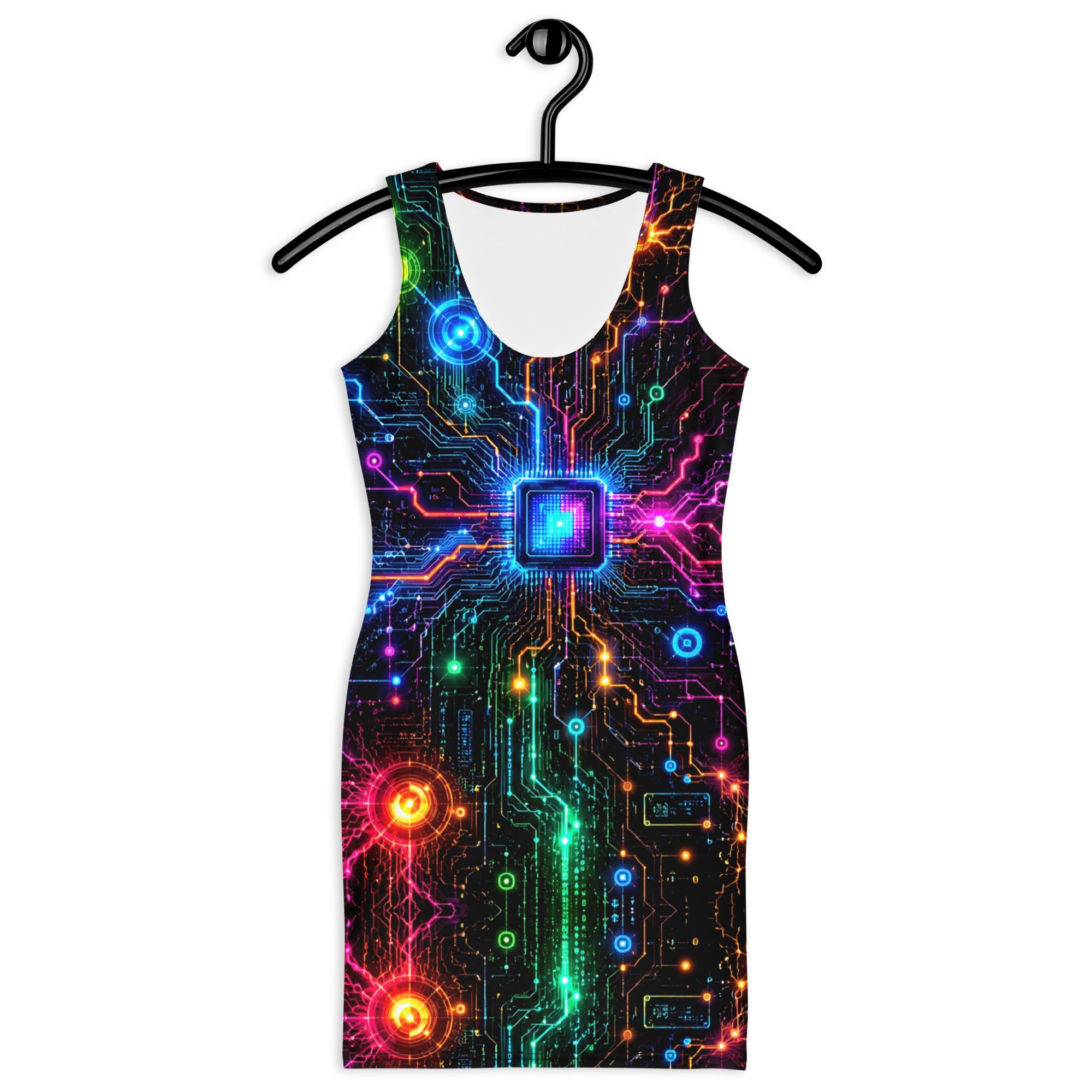 Bodycon dress - Electric Cyber Circuit Neon Glowing Microchip by printfluence.net