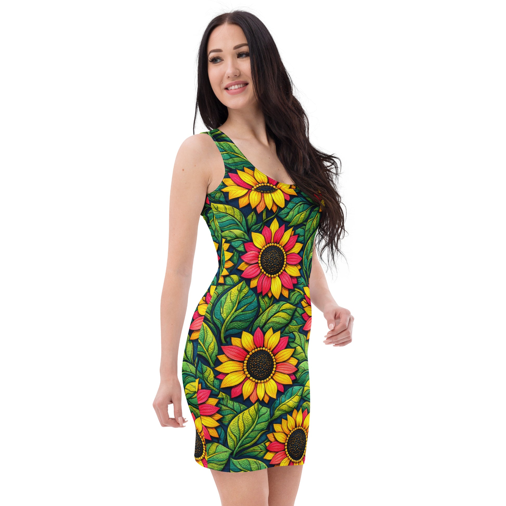 Bodycon dress - Sunflower Bloom Bodycon Dress – Vibrant Yellow Pink Floral Pattern Midi by printfluence.net