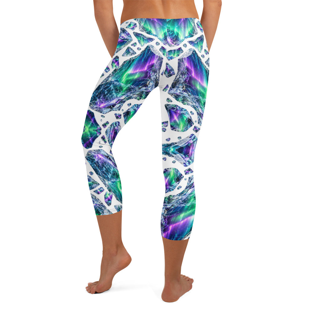 Heritage Bloom Lovers | All-Over Print Capri Leggings — Luminous Aurora Borealis Ice Crystal Pattern by printfluence