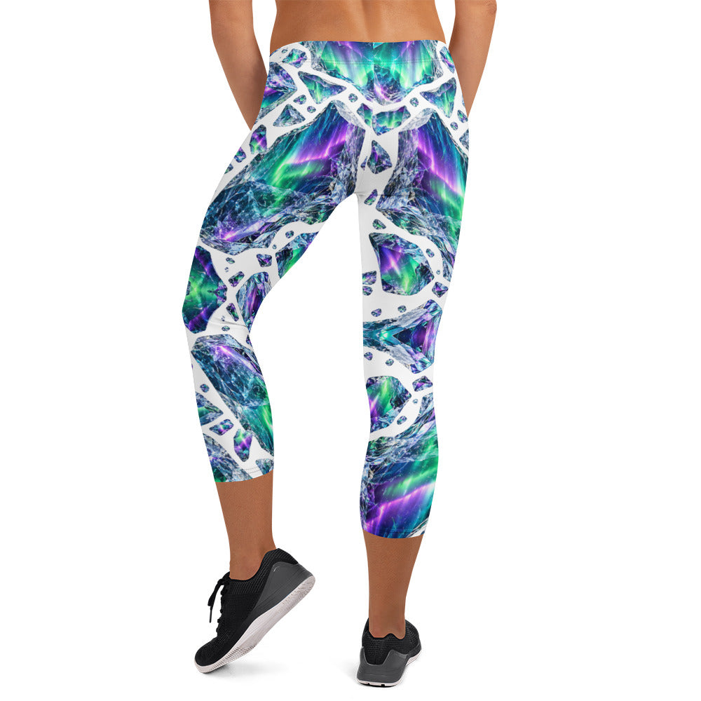 Heritage Bloom Lovers | All-Over Print Capri Leggings — Luminous Aurora Borealis Ice Crystal Pattern by printfluence