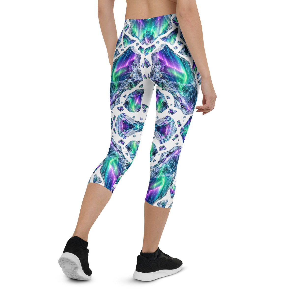 Heritage Bloom Lovers | All-Over Print Capri Leggings — Luminous Aurora Borealis Ice Crystal Pattern by printfluence