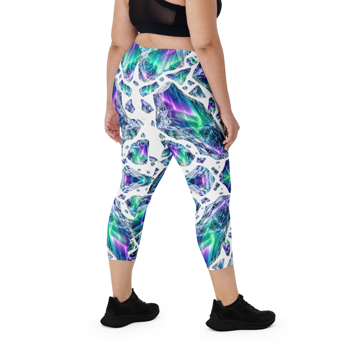 Heritage Bloom Lovers | All-Over Print Capri Leggings — Luminous Aurora Borealis Ice Crystal Pattern by printfluence