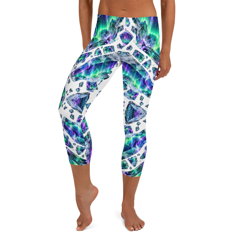Heritage Bloom Lovers | All-Over Print Capri Leggings — Luminous Aurora Borealis Ice Crystal Pattern by printfluence