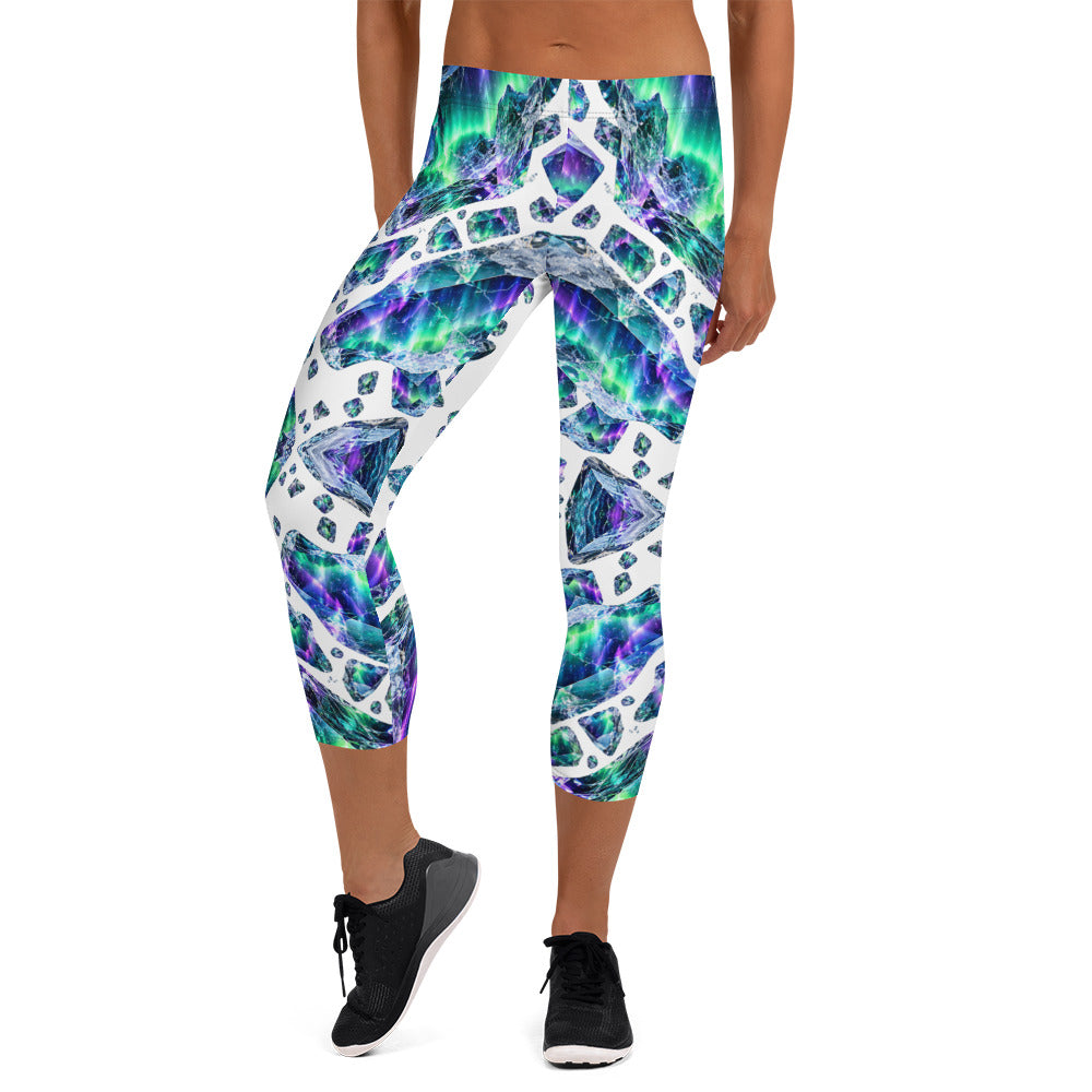 Heritage Bloom Lovers | All-Over Print Capri Leggings — Luminous Aurora Borealis Ice Crystal Pattern by printfluence