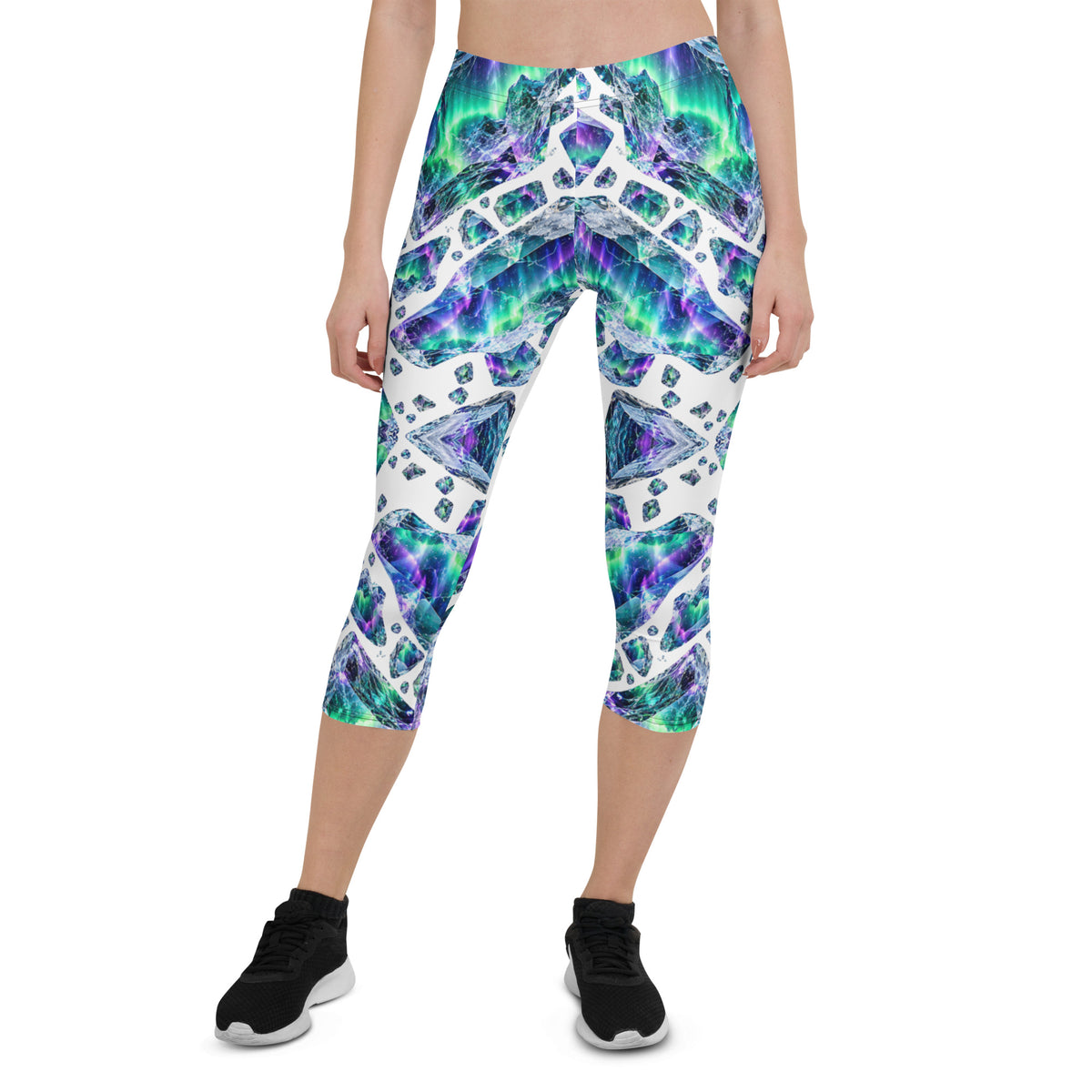 Heritage Bloom Lovers | All-Over Print Capri Leggings — Luminous Aurora Borealis Ice Crystal Pattern by printfluence
