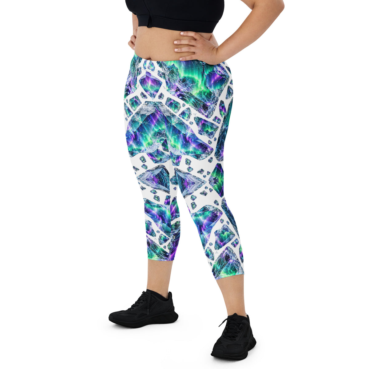 Heritage Bloom Lovers | All-Over Print Capri Leggings — Luminous Aurora Borealis Ice Crystal Pattern by printfluence