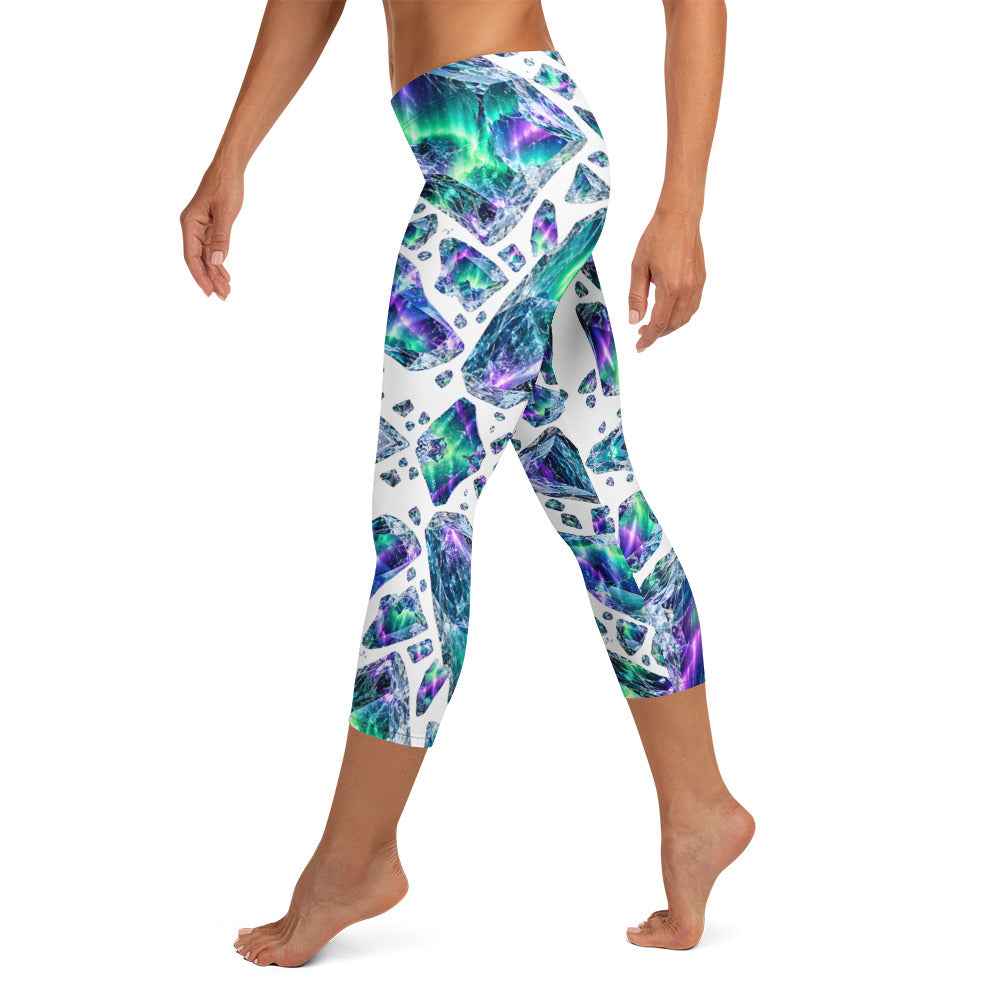 Heritage Bloom Lovers | All-Over Print Capri Leggings — Luminous Aurora Borealis Ice Crystal Pattern by printfluence