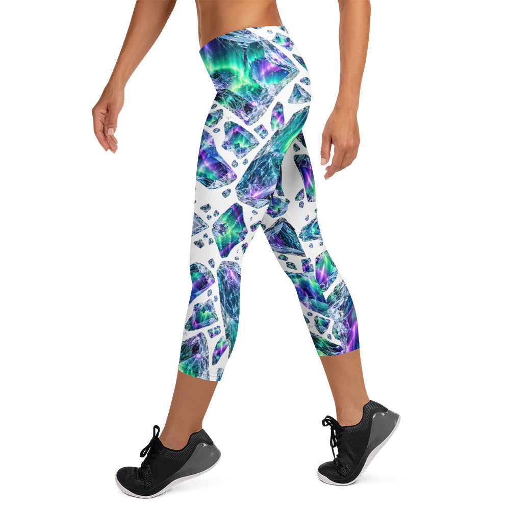 Heritage Bloom Lovers | All-Over Print Capri Leggings — Luminous Aurora Borealis Ice Crystal Pattern by printfluence