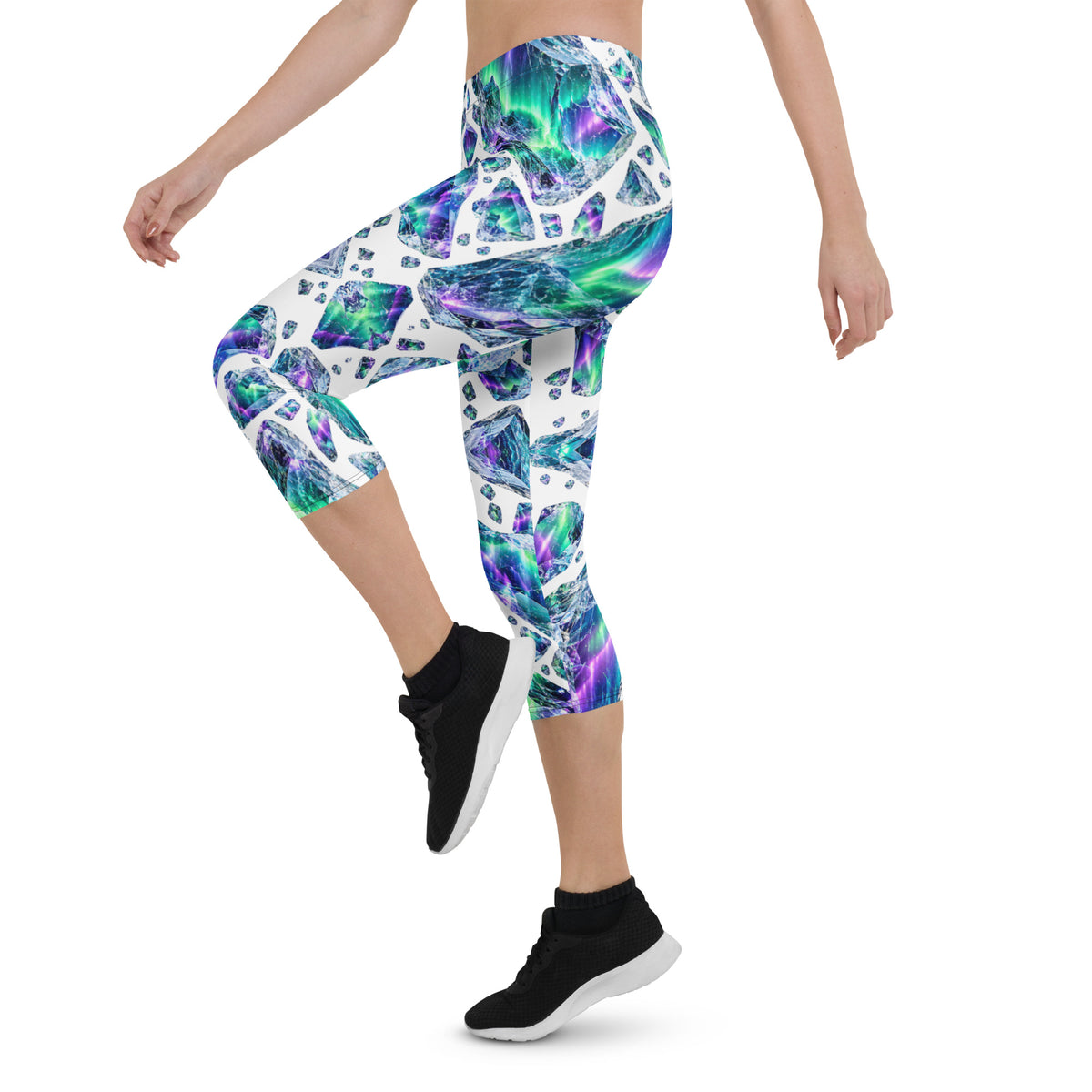 Heritage Bloom Lovers | All-Over Print Capri Leggings — Luminous Aurora Borealis Ice Crystal Pattern by printfluence