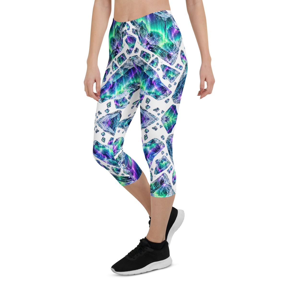 Heritage Bloom Lovers | All-Over Print Capri Leggings — Luminous Aurora Borealis Ice Crystal Pattern by printfluence
