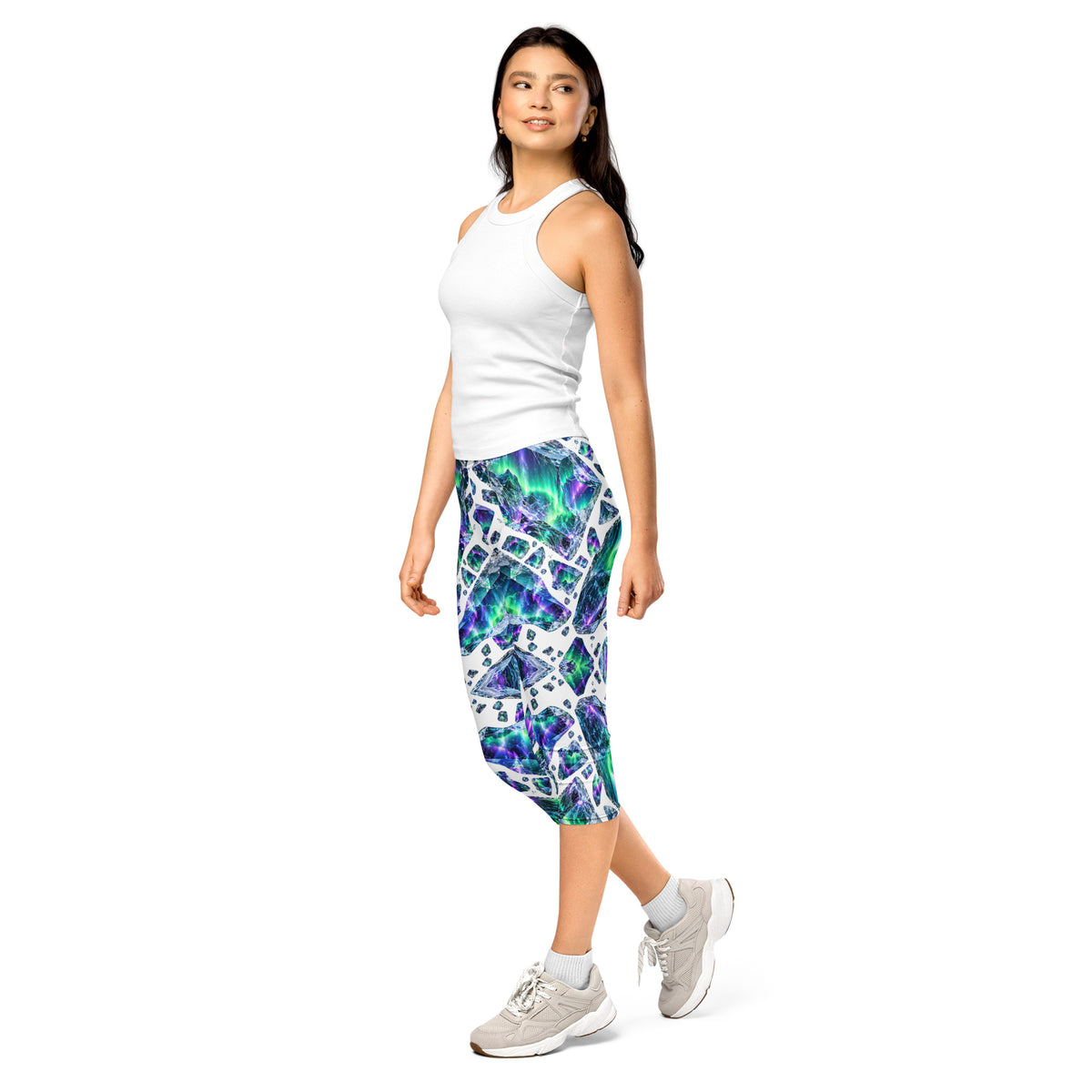 Heritage Bloom Lovers | All-Over Print Capri Leggings — Luminous Aurora Borealis Ice Crystal Pattern by printfluence