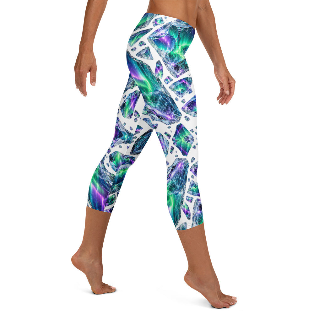 Heritage Bloom Lovers | All-Over Print Capri Leggings — Luminous Aurora Borealis Ice Crystal Pattern by printfluence
