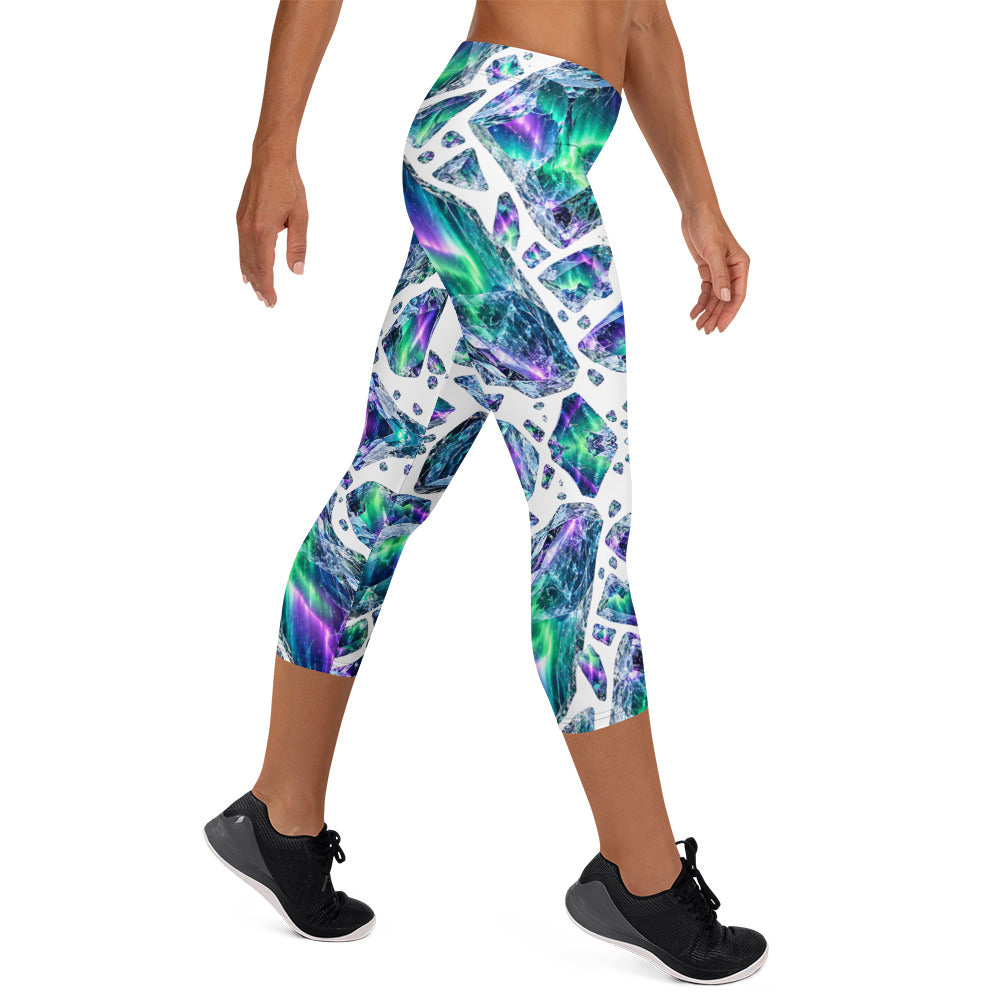 Heritage Bloom Lovers | All-Over Print Capri Leggings — Luminous Aurora Borealis Ice Crystal Pattern by printfluence