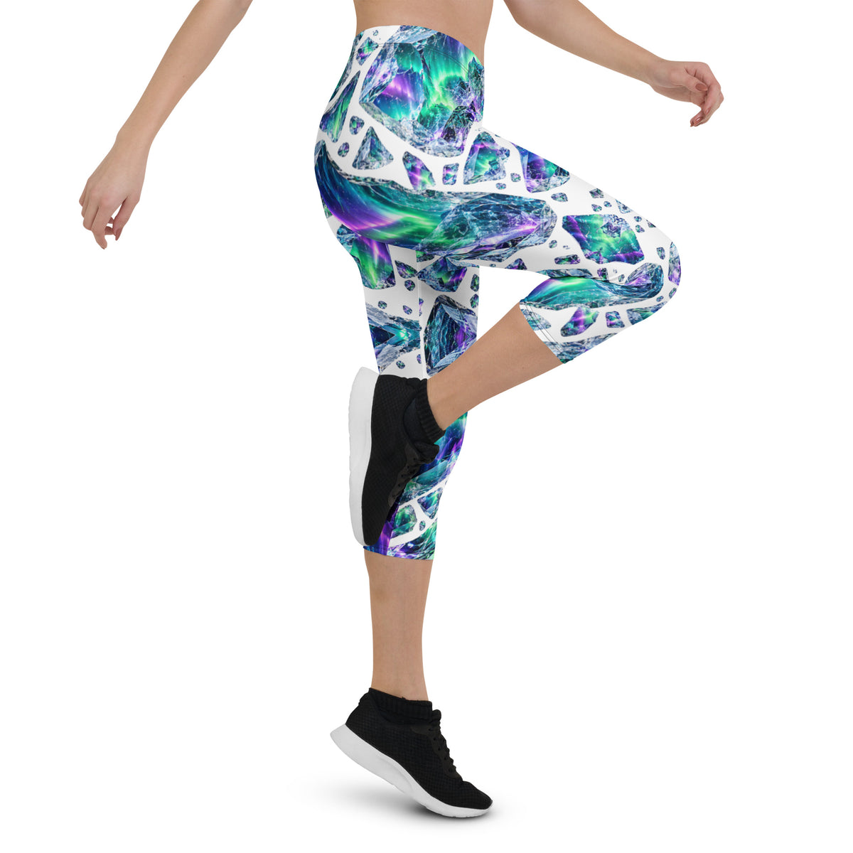 Heritage Bloom Lovers | All-Over Print Capri Leggings — Luminous Aurora Borealis Ice Crystal Pattern by printfluence
