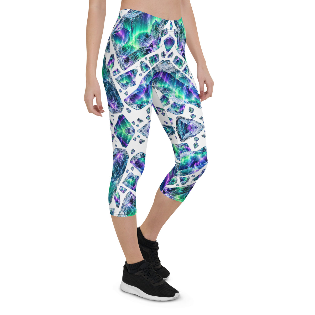 Heritage Bloom Lovers | All-Over Print Capri Leggings — Luminous Aurora Borealis Ice Crystal Pattern by printfluence