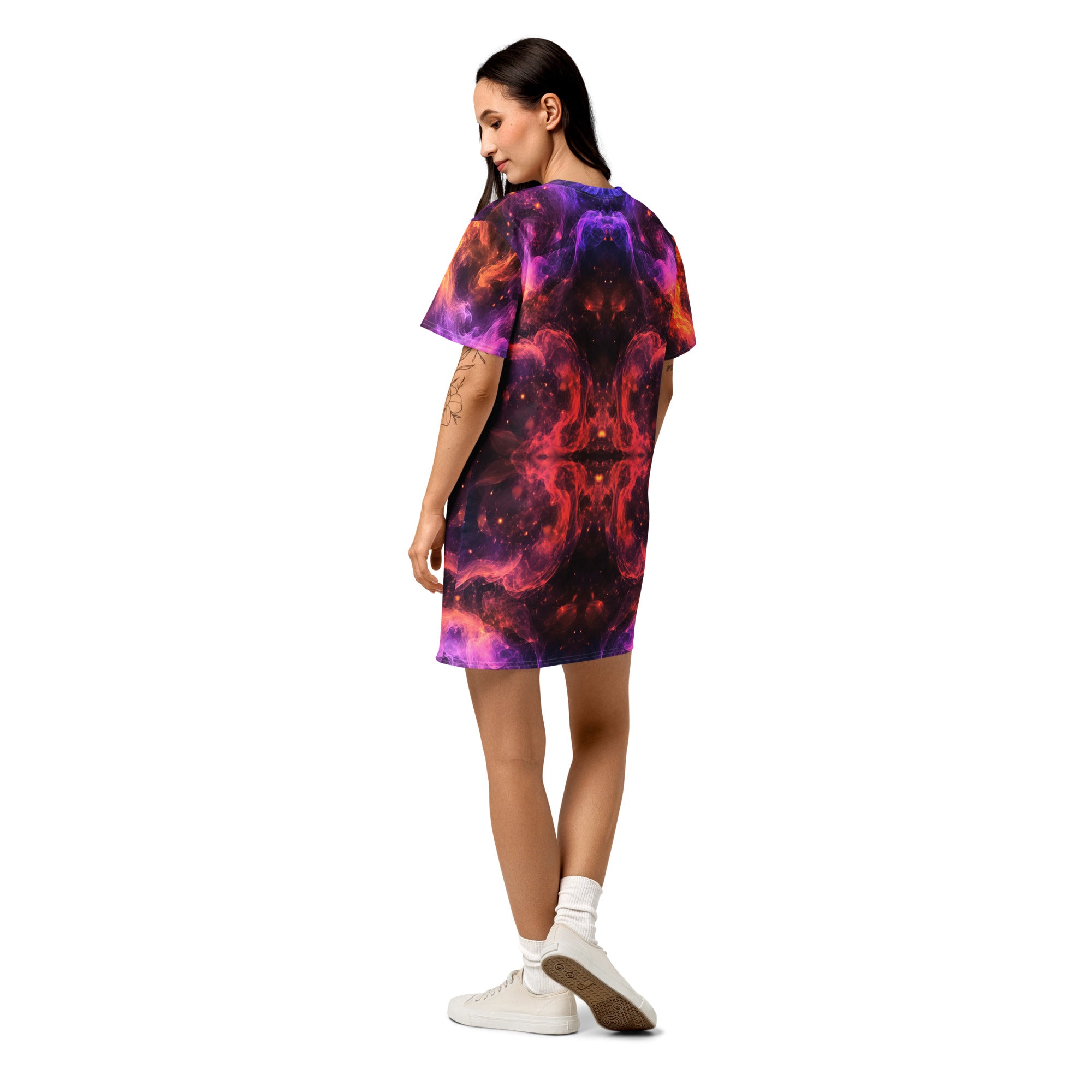 Cotton t-shirt dress - Cosmic Fire Nebula Magic - Vibrant Flame & Purple Smoke by printfluence.net