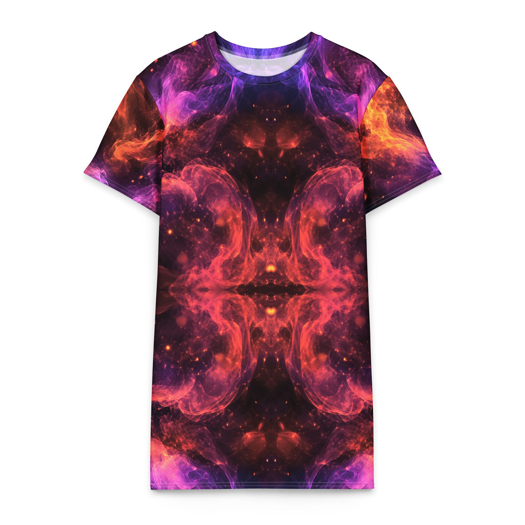 Cotton t-shirt dress - Cosmic Fire Nebula Magic - Vibrant Flame & Purple Smoke by printfluence.net