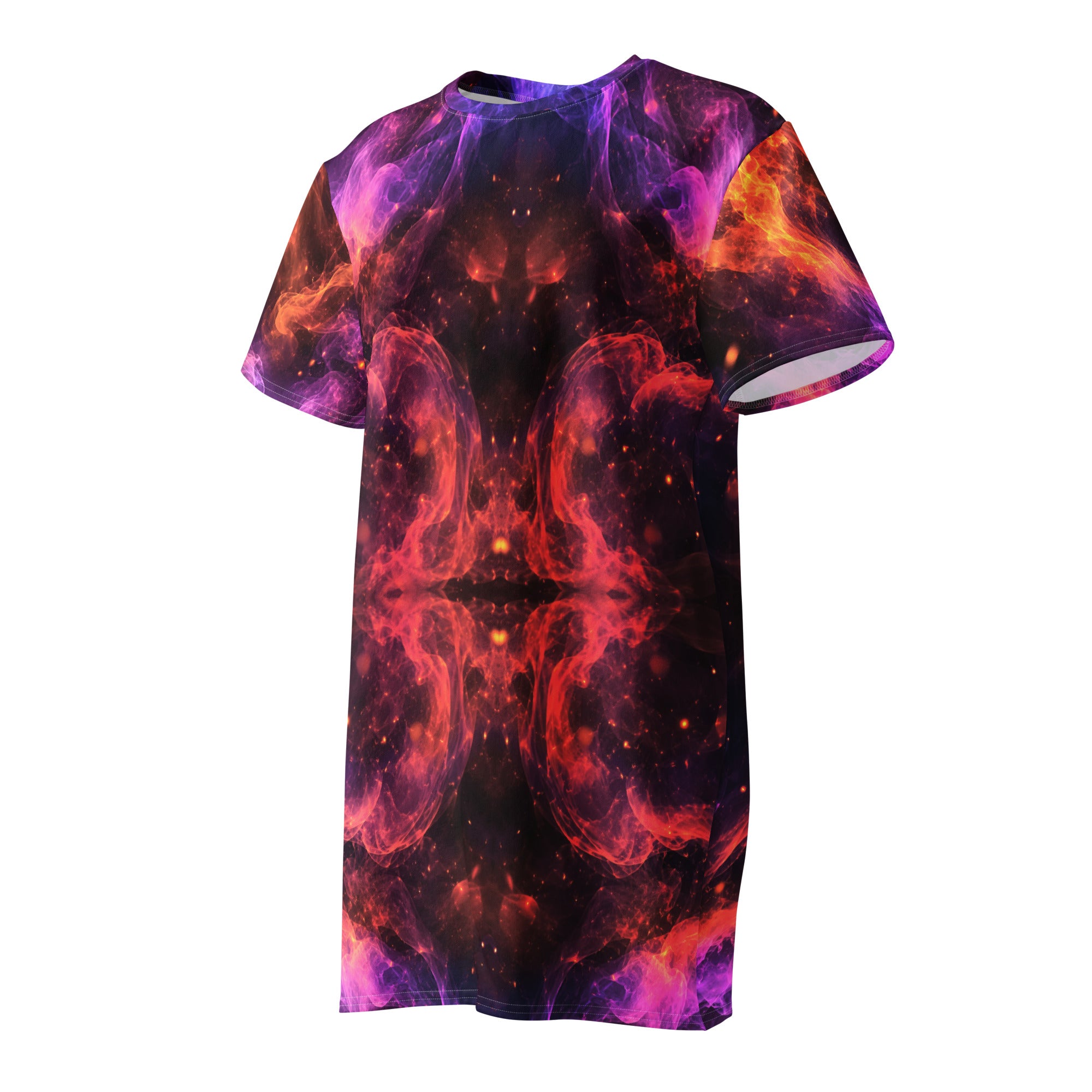 Cotton t-shirt dress - Cosmic Fire Nebula Magic - Vibrant Flame & Purple Smoke by printfluence.net