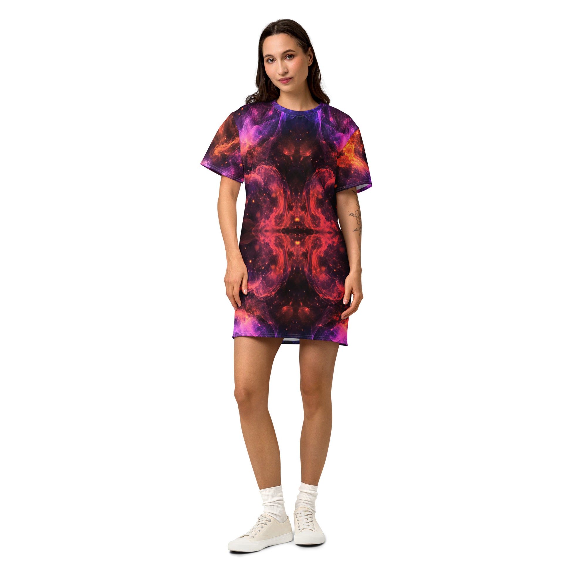 Cotton t-shirt dress - Cosmic Fire Nebula Magic - Vibrant Flame & Purple Smoke by printfluence.net