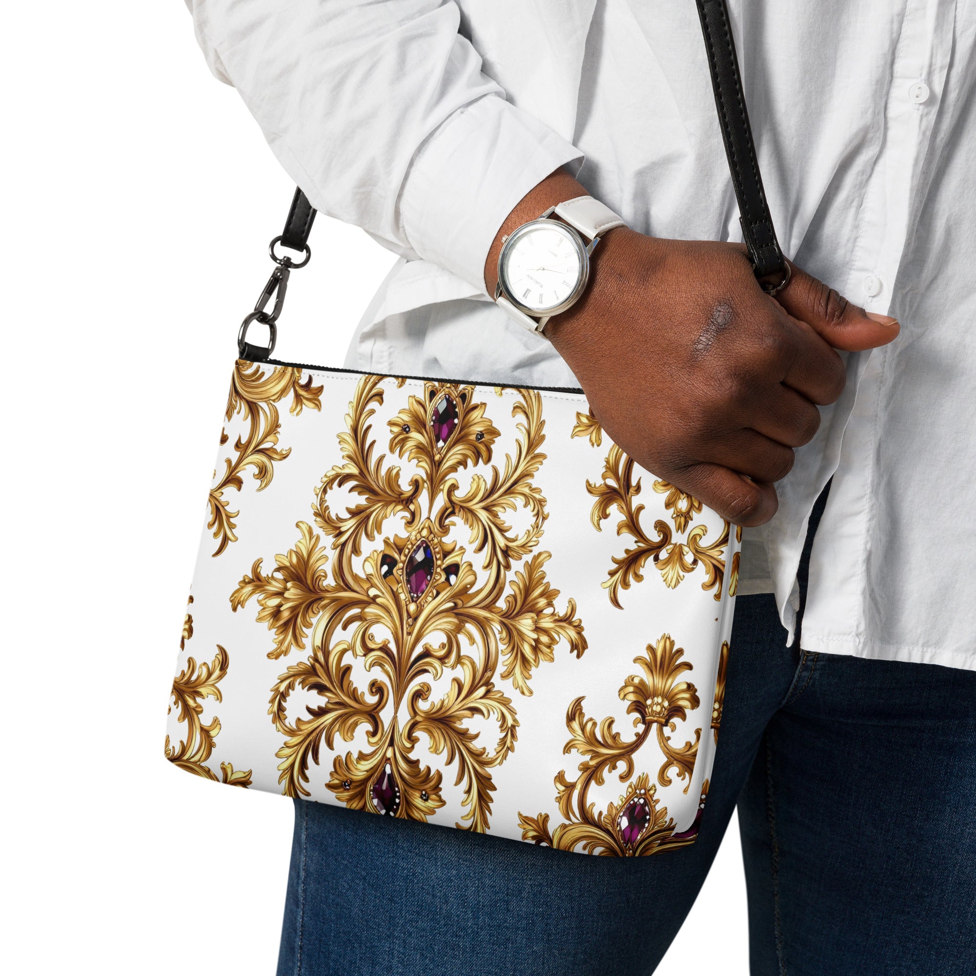 Crossbody bag - Purple Ruby Gem Crossbody Bag – Glam Golden Ornate Jewelry Fashion Tote by printfluence.net