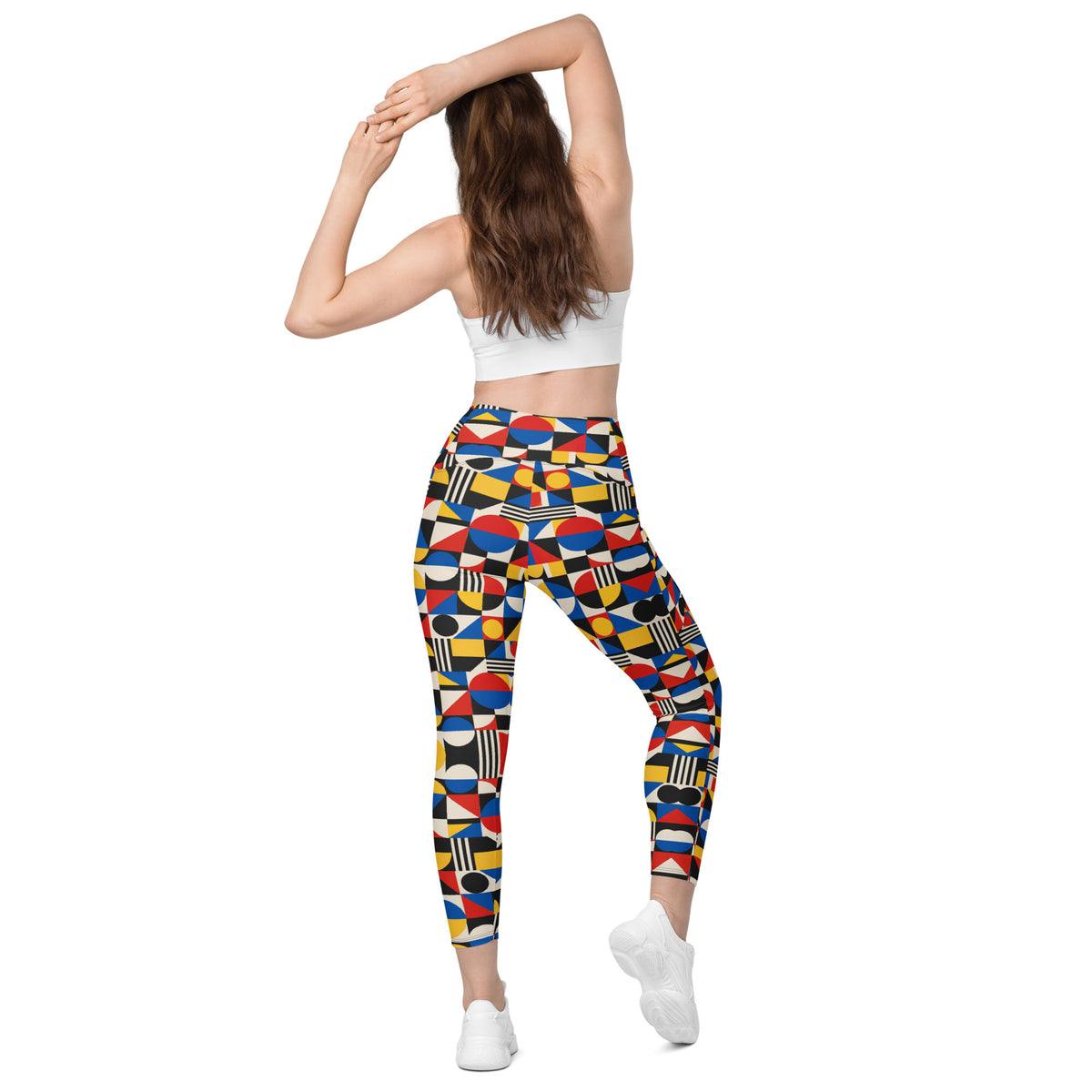 Heritage Bloom Lovers | All-Over Print Crossover Leggings with Pockets — Bauhaus Geometric Abstract Art Pattern by printfluence