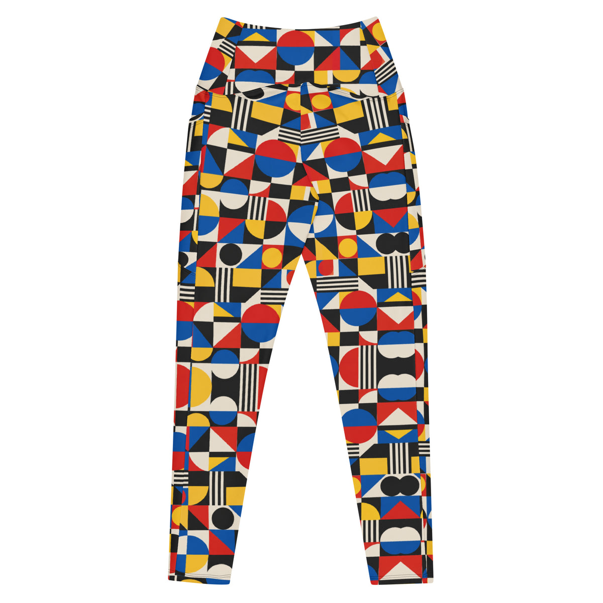 Heritage Bloom Lovers | All-Over Print Crossover Leggings with Pockets — Bauhaus Geometric Abstract Art Pattern by printfluence