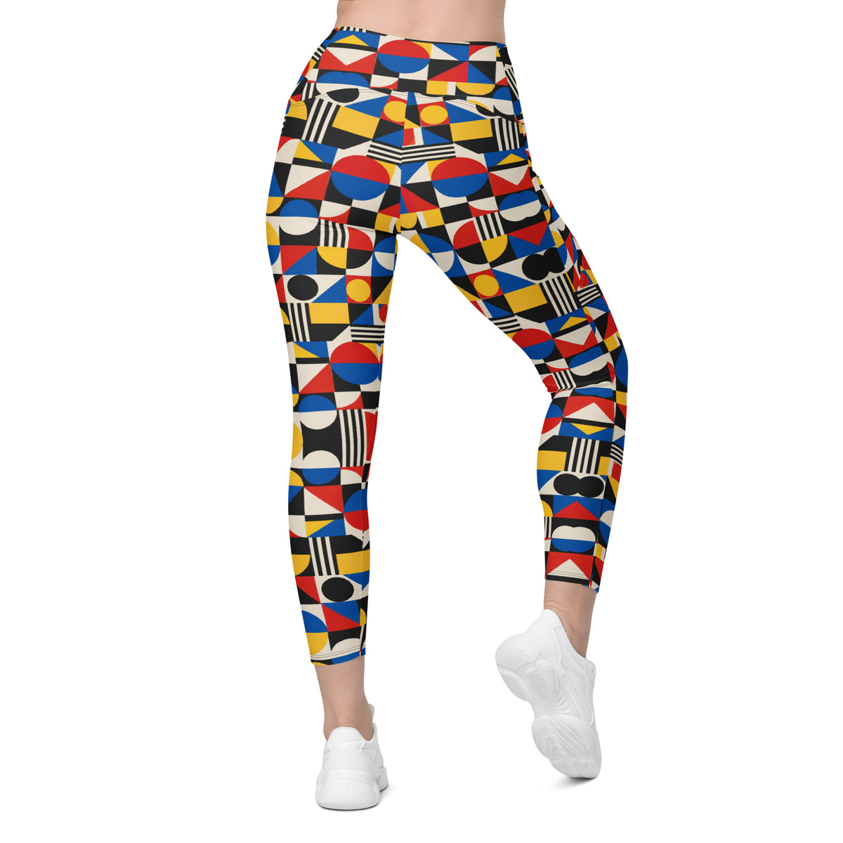 Heritage Bloom Lovers | All-Over Print Crossover Leggings with Pockets — Bauhaus Geometric Abstract Art Pattern by printfluence