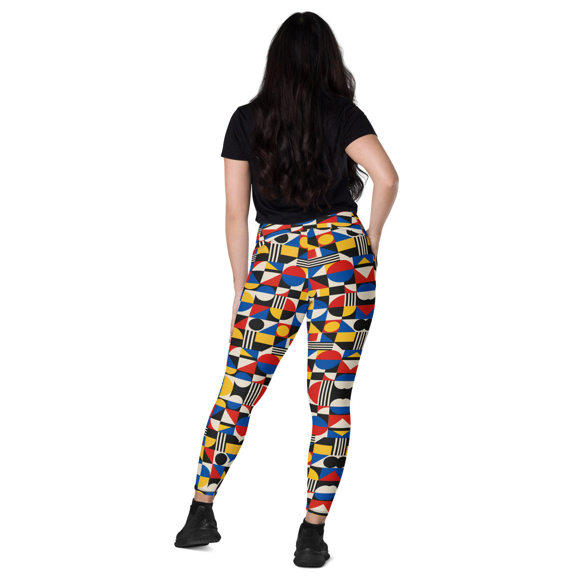 Heritage Bloom Lovers | All-Over Print Crossover Leggings with Pockets — Bauhaus Geometric Abstract Art Pattern by printfluence