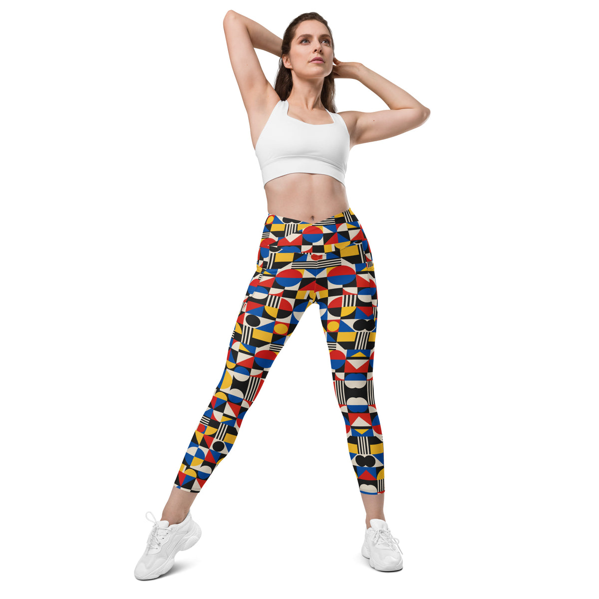 Heritage Bloom Lovers | All-Over Print Crossover Leggings with Pockets — Bauhaus Geometric Abstract Art Pattern by printfluence
