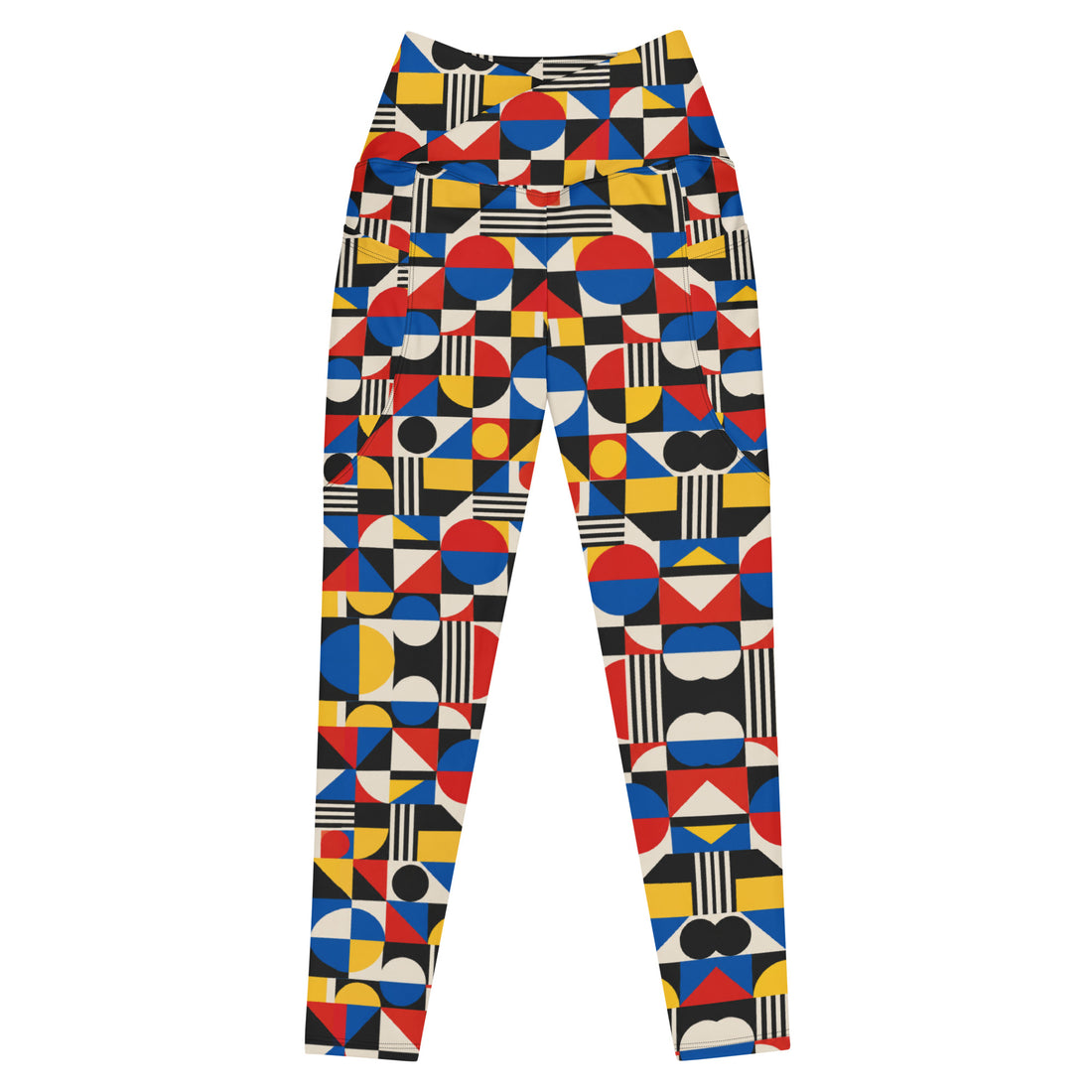 Heritage Bloom Lovers | All-Over Print Crossover Leggings with Pockets — Bauhaus Geometric Abstract Art Pattern by printfluence
