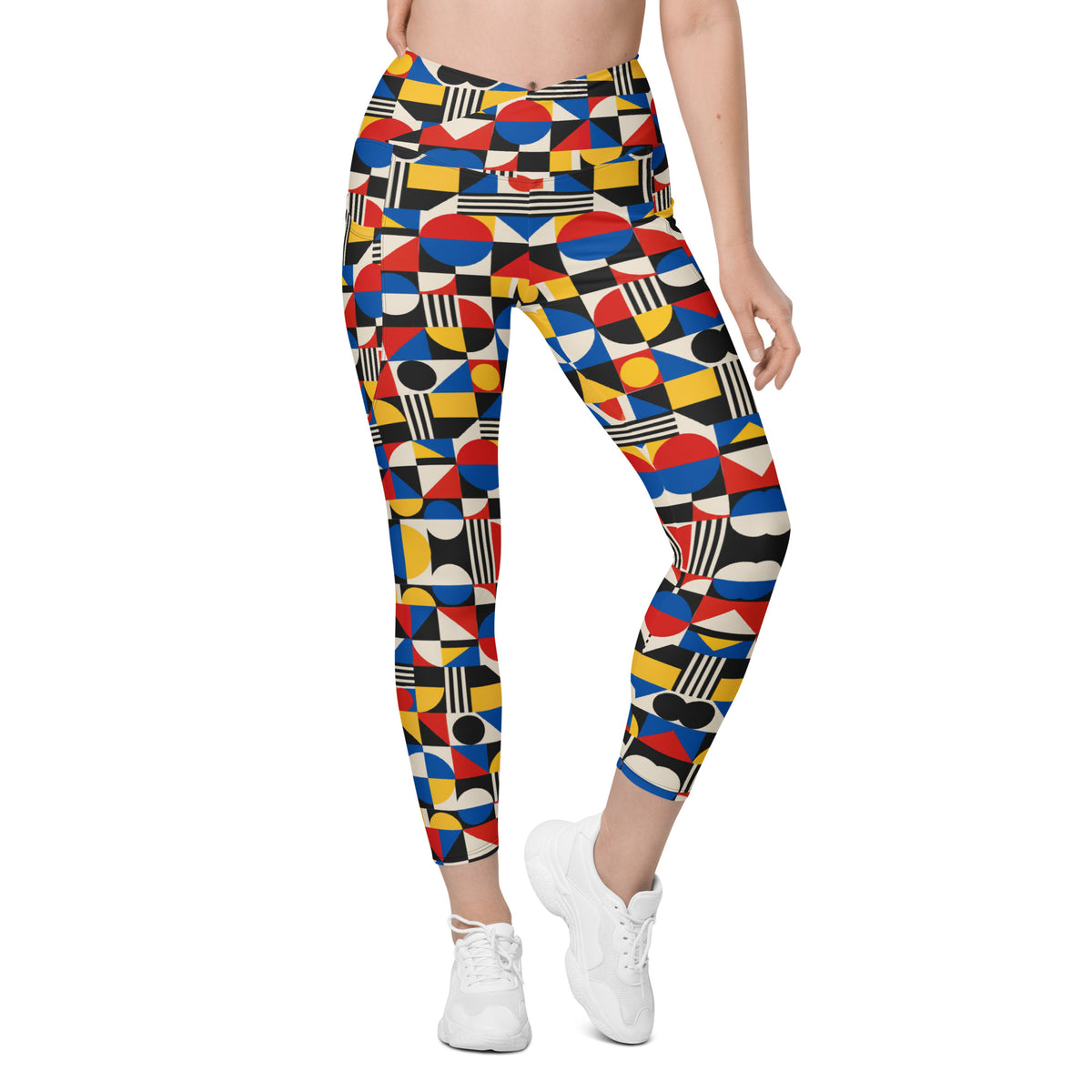Heritage Bloom Lovers | All-Over Print Crossover Leggings with Pockets — Bauhaus Geometric Abstract Art Pattern by printfluence