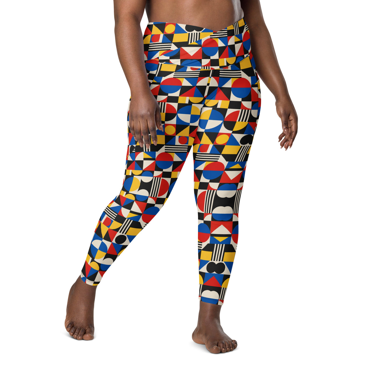 Heritage Bloom Lovers | All-Over Print Crossover Leggings with Pockets — Bauhaus Geometric Abstract Art Pattern by printfluence