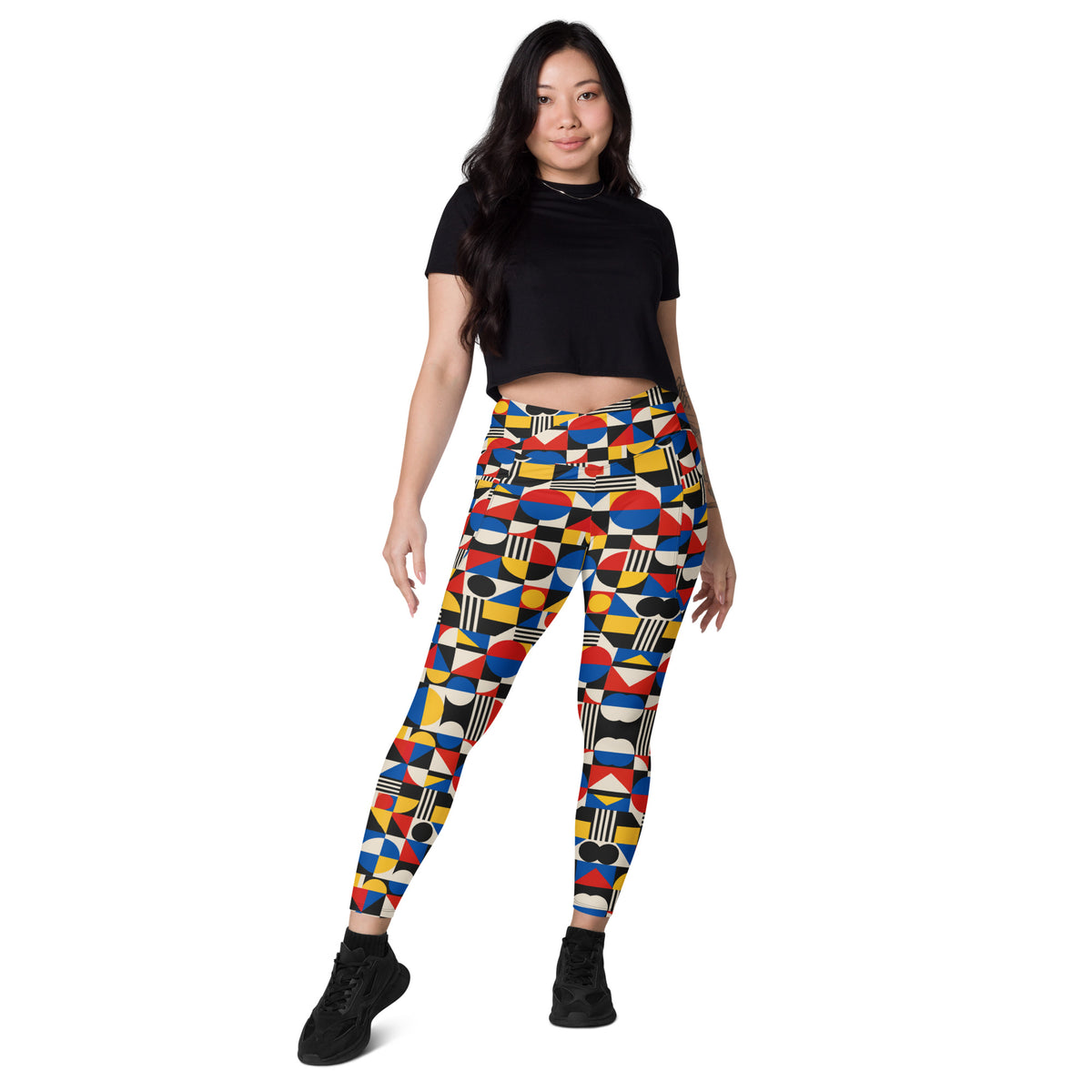 Heritage Bloom Lovers | All-Over Print Crossover Leggings with Pockets — Bauhaus Geometric Abstract Art Pattern by printfluence
