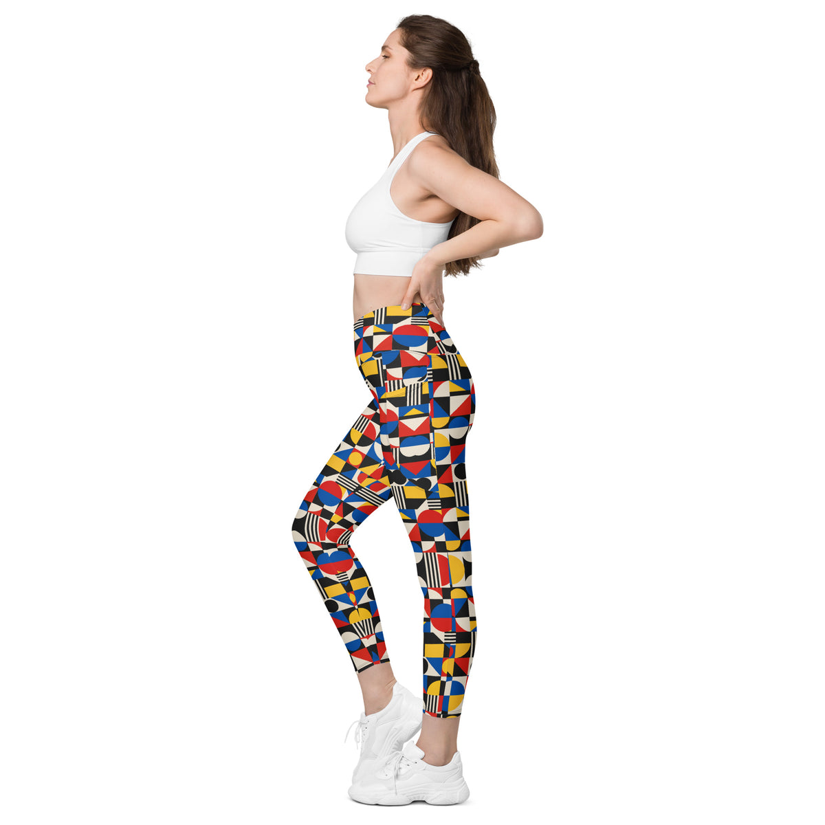 Heritage Bloom Lovers | All-Over Print Crossover Leggings with Pockets — Bauhaus Geometric Abstract Art Pattern by printfluence