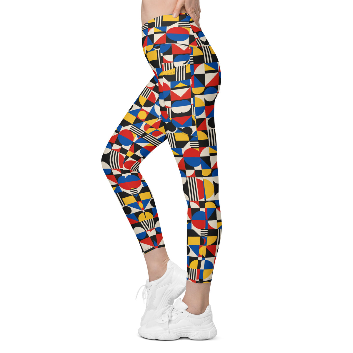 Heritage Bloom Lovers | All-Over Print Crossover Leggings with Pockets — Bauhaus Geometric Abstract Art Pattern by printfluence