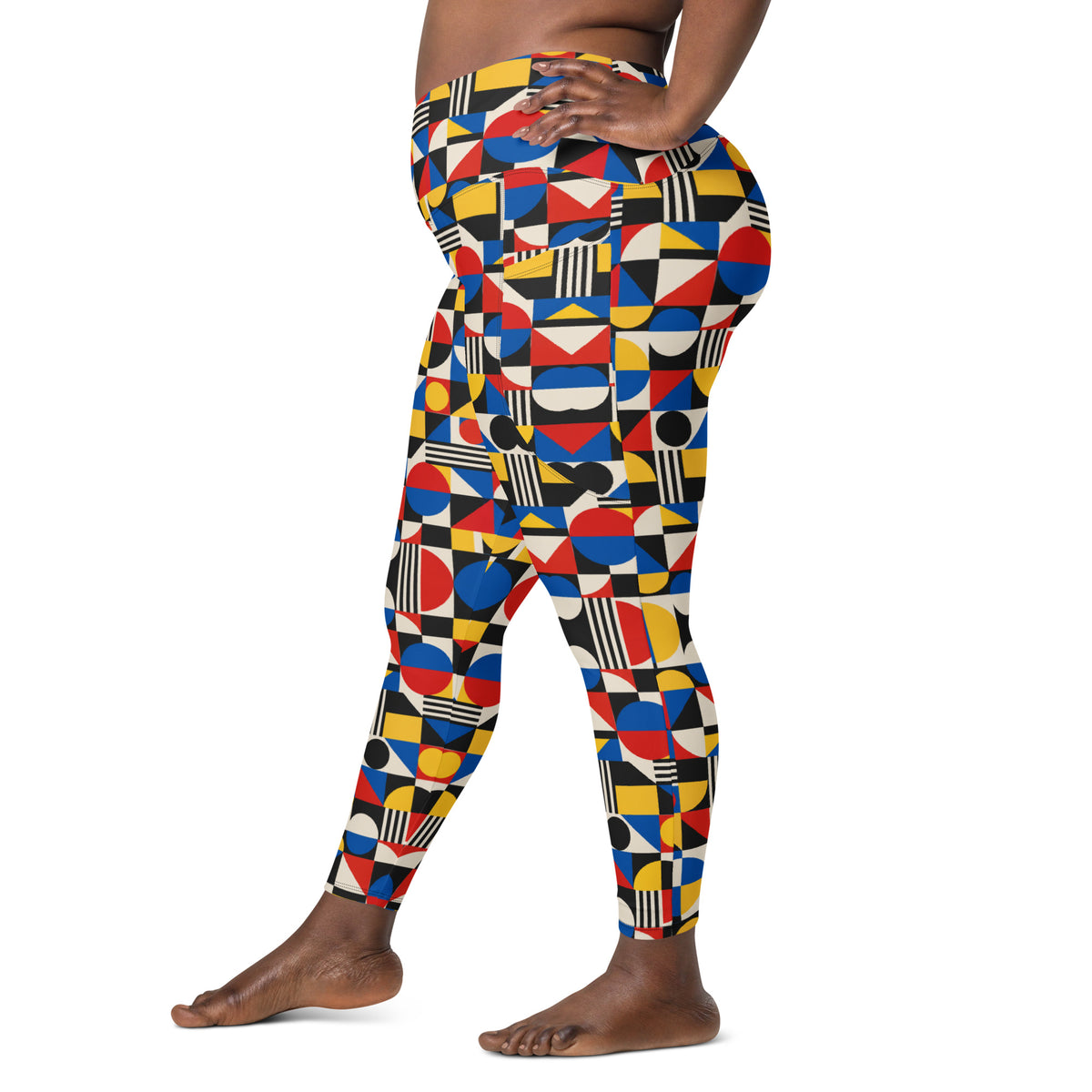 Heritage Bloom Lovers | All-Over Print Crossover Leggings with Pockets — Bauhaus Geometric Abstract Art Pattern by printfluence