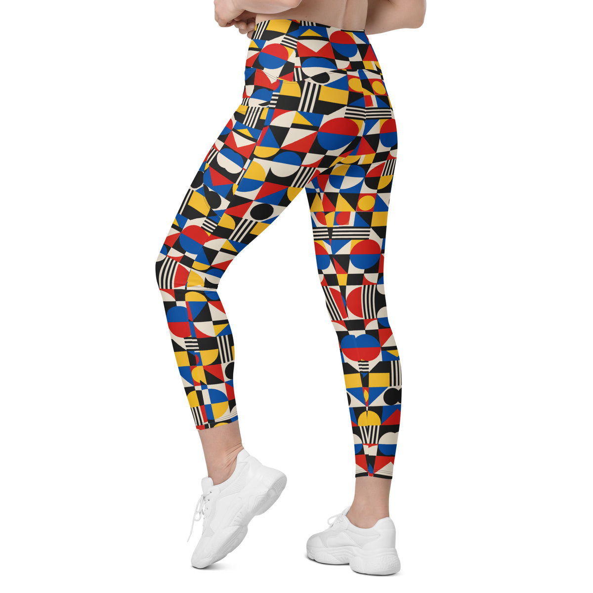 Heritage Bloom Lovers | All-Over Print Crossover Leggings with Pockets — Bauhaus Geometric Abstract Art Pattern by printfluence