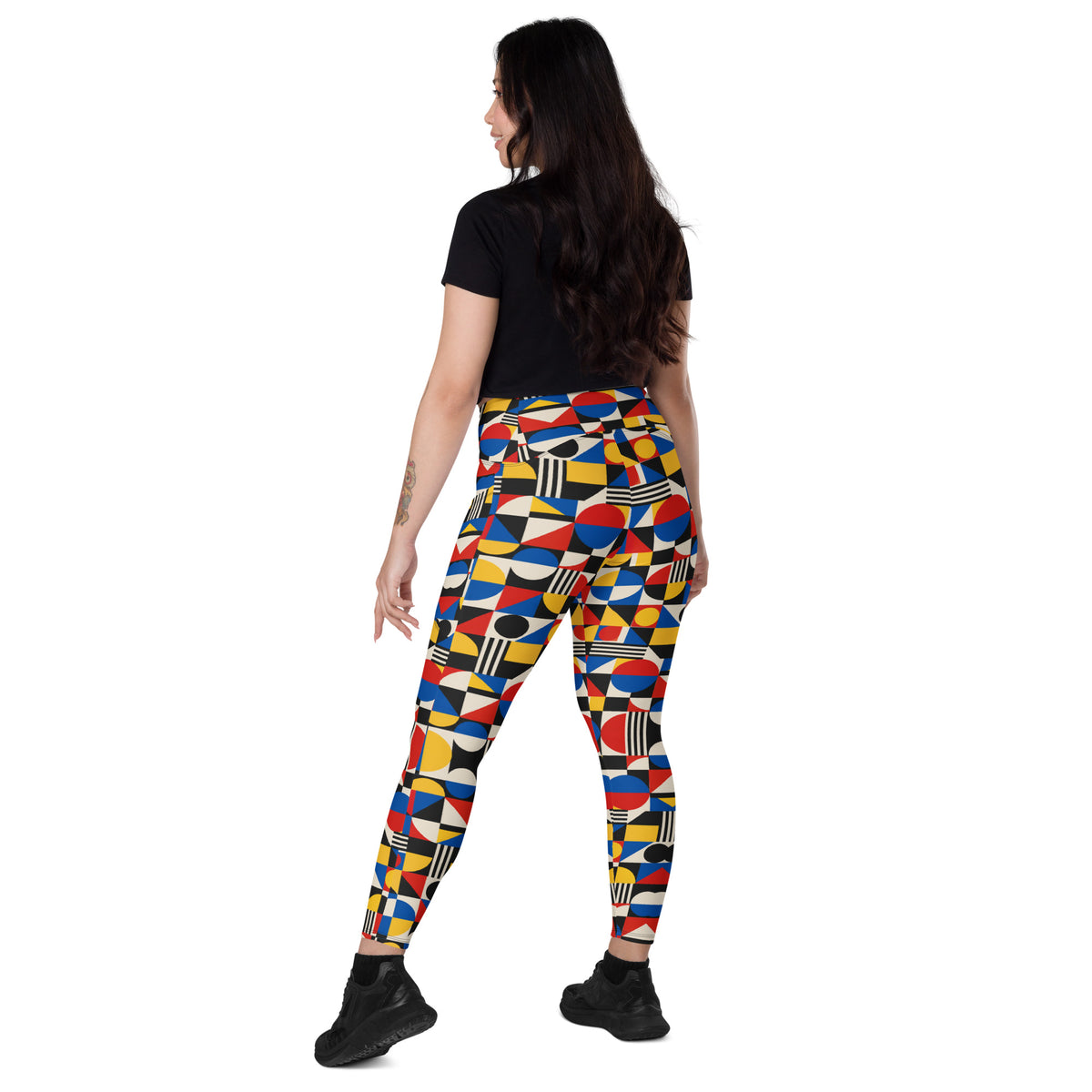 Heritage Bloom Lovers | All-Over Print Crossover Leggings with Pockets — Bauhaus Geometric Abstract Art Pattern by printfluence