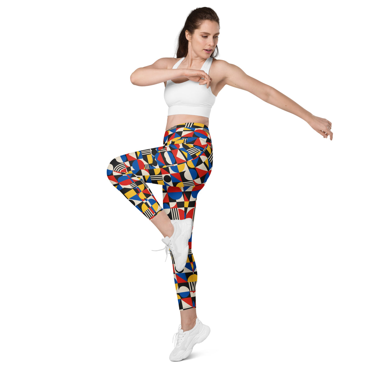 Heritage Bloom Lovers | All-Over Print Crossover Leggings with Pockets — Bauhaus Geometric Abstract Art Pattern by printfluence
