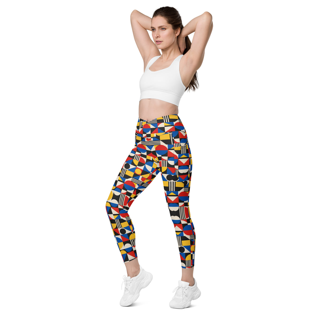 Heritage Bloom Lovers | All-Over Print Crossover Leggings with Pockets — Bauhaus Geometric Abstract Art Pattern by printfluence