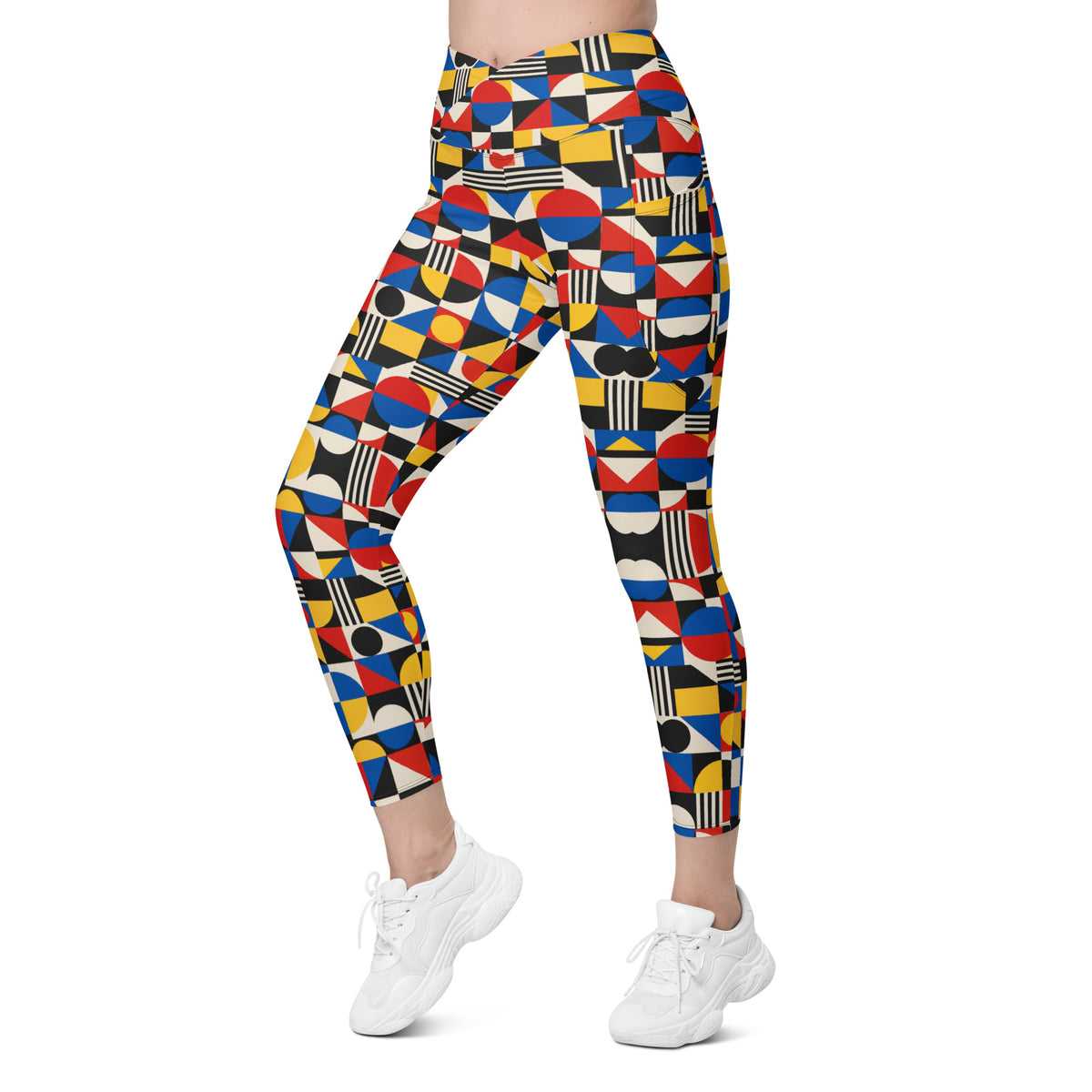 Heritage Bloom Lovers | All-Over Print Crossover Leggings with Pockets — Bauhaus Geometric Abstract Art Pattern by printfluence