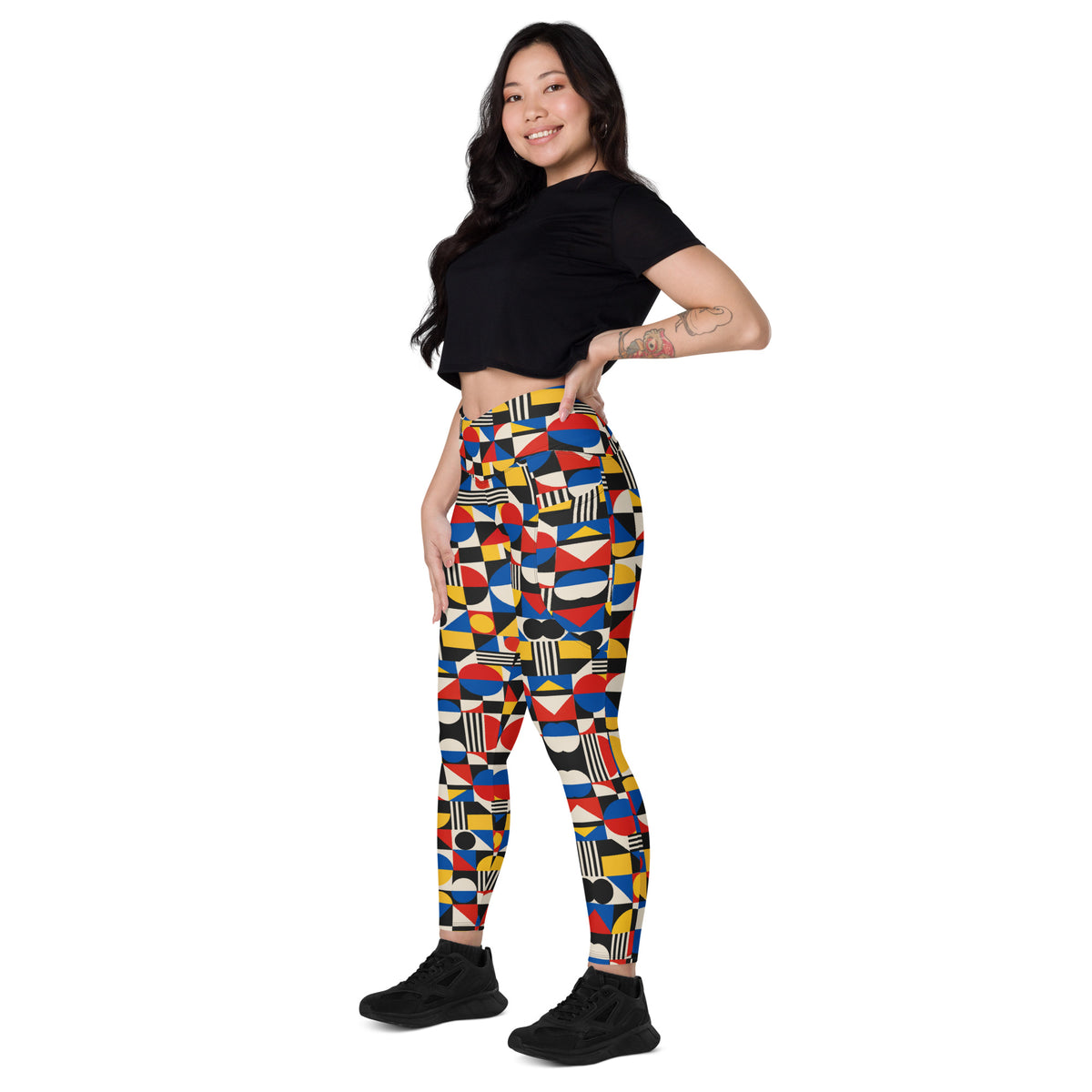 Heritage Bloom Lovers | All-Over Print Crossover Leggings with Pockets — Bauhaus Geometric Abstract Art Pattern by printfluence