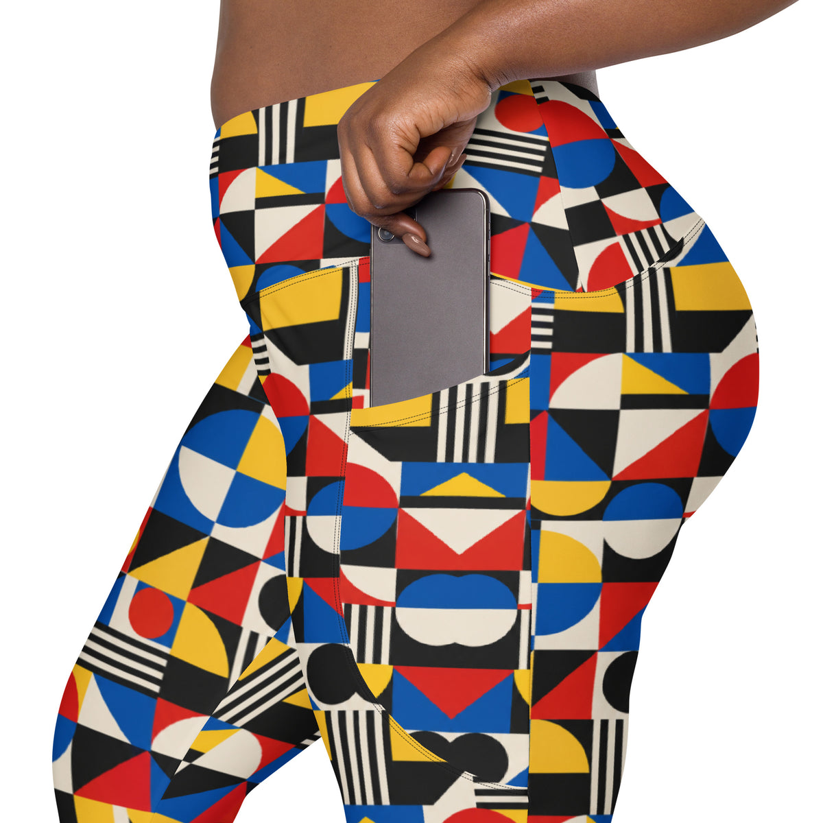 Heritage Bloom Lovers | All-Over Print Crossover Leggings with Pockets — Bauhaus Geometric Abstract Art Pattern by printfluence